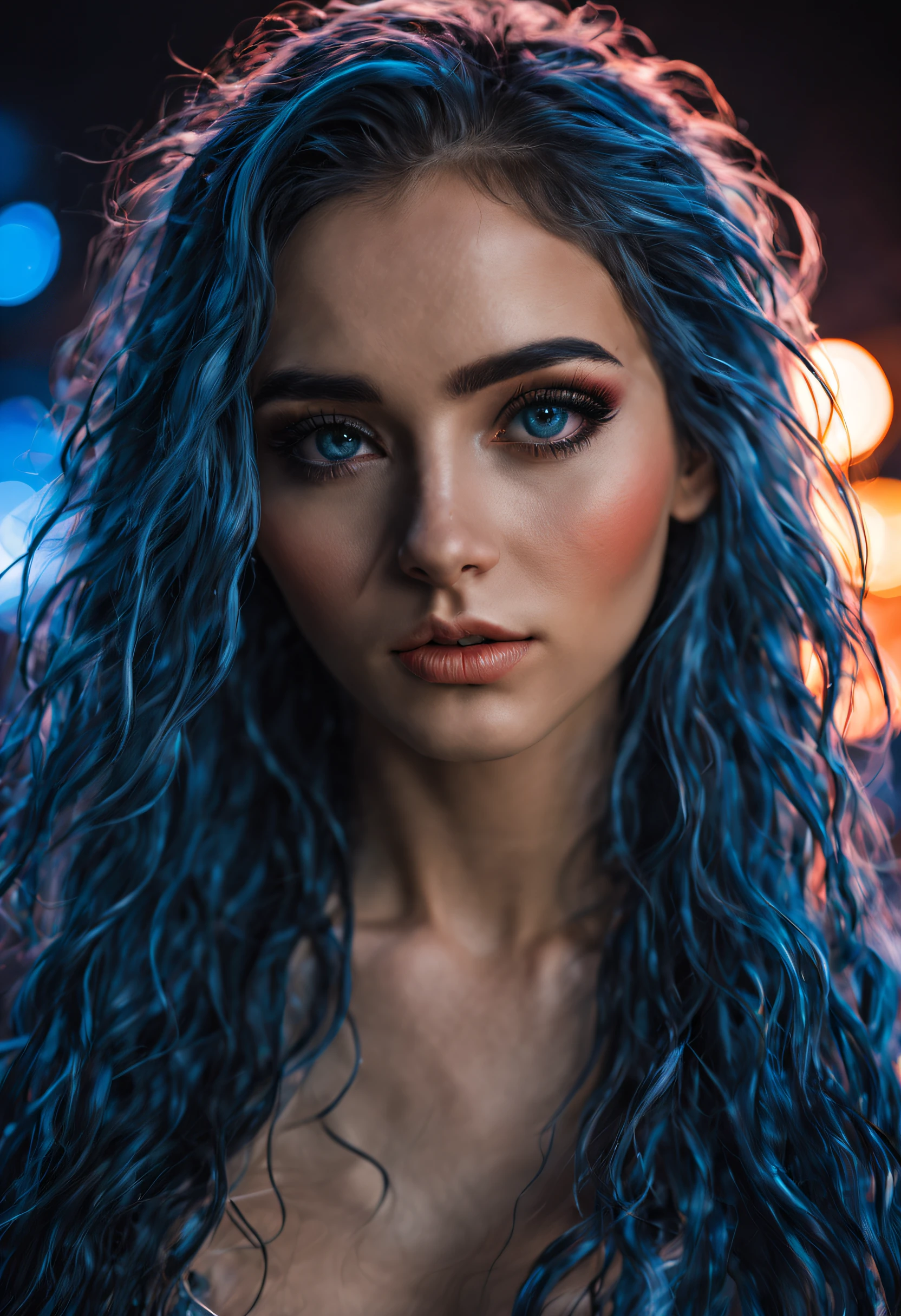 Hyper realistic professional mid body portrait, (1girl:1.1)one stunningly beautiful young shining long blue haired, long curly hair, hyper detailed and perfect, intense detailed eyes, perfect face, dark makeup ultra detailed, extemly detalled and perfect face, face, cinematic photo neon sign,, neon lights, sunset, reflective puddles, scifi,85mm photograph, film, bokeh, professional, 4k, highly detailed