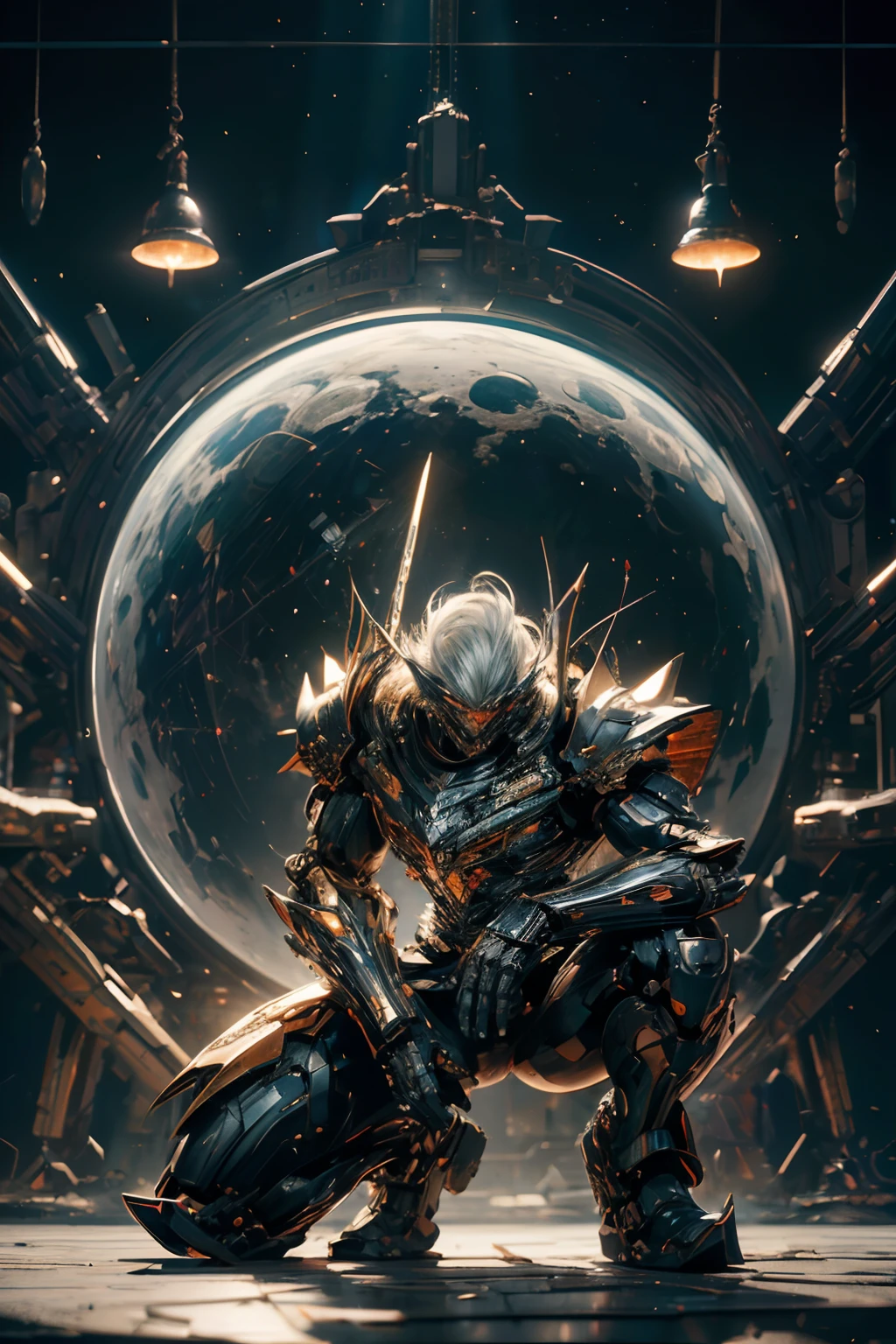 CG Mecha, Beautiful eyes, Upper body, Mechanic Armor, Portrait, 机器人,White-orange armor,, Neon light, 8K, raw, Best Quality, masutepiece, 超A high resolution, Colorful, (medium wide shot), (Dynamic perspective), Sharp Focus , (depth of fields, Bokeh:1.3), extremely detailed eye and face, Beautiful detailed eyes、Black gold, Trimmed gear:1.2), ((masutepiece, Best Quality)), Detailed background, Spaceship Interior Fighting Pose、Grey Hair、poneyTail、Luminescent eyes、fullmoon、Shot with R5、Get down on one knee、matrix、Dark Fantasy,3d rendered