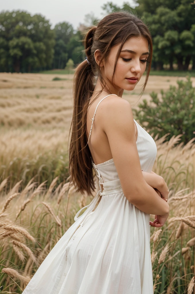 (masterpiece:1.4),, (best quality:1.4),, ultra-high res,, 8K, CG,, (extremely delicate and beautiful:1.2),, , upper body,, from side,, looking at viewer,, , 1girl,, solo,, fashi-girl,, mature girl,, , cute, sweet,, , in the wheat field,, blurry background,, , long brown hair,, ponytail hair,, , brown eyes,, closed mouth,, red lips,, , face brushed by the wind,, , white dress,, medium breasts,