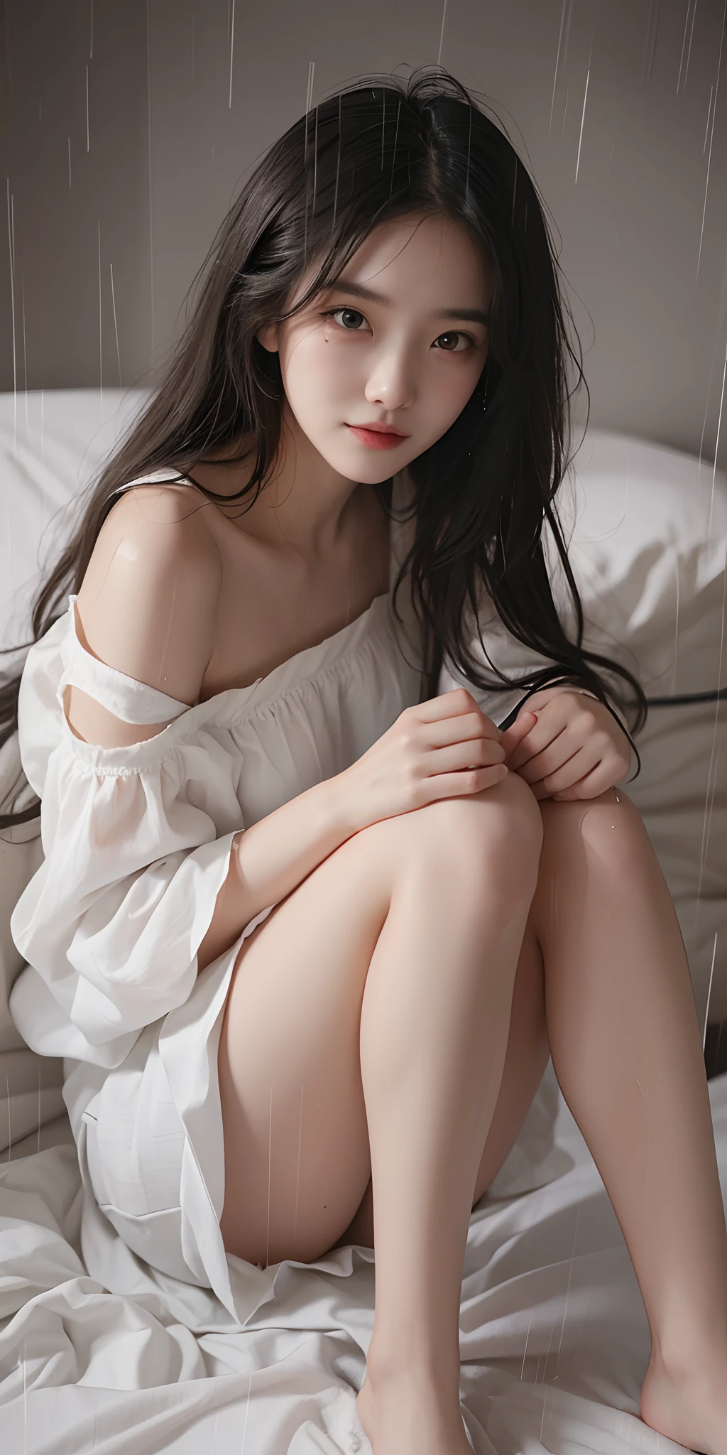 Best Picture Quality， tmasterpiece， 超高分辨率， （fidelity：1.4）， photore， 1 rapariga，[（grieves）]，white  shirt， dimly lit， darkly， be desperate， pitying， cute little， cinematic ligh， tears， tear drop， （torn laundry：1.5）， （wetclothes：1.4）， exposed bare shoulders， Real rain， Wet hair, (full body), (from above), 1girl,Lie down in a comfortable bed,crossed legs,Soft light, off shoulder clothes, White color blouse, cropped shoulders, black short skirt, high-waist, 20yr old，Korean model, slender leg, evil grin smile，Evil expression, warm lights, a warm color palette,  Dynamic pose, posing elegantly