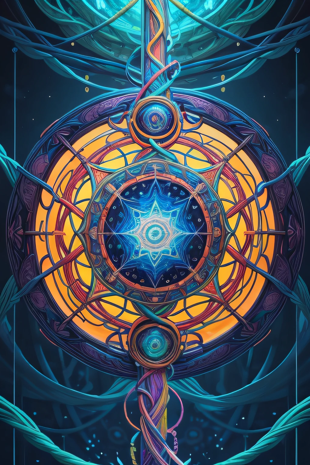 (bright colors,highres,masterpiece:1.2),detailed needle,entwined,destiny,glowing strands,vibrant fabrics,profound journey,mystical,weaving together,profound journey, captivating cover
