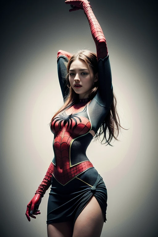 Daniel Panabaker、Sticking out the navel、newyork、She wears a torn Spider-Man suit,wearing skirt、 Red and black color scheme,Dynamic、masterpiece、top-quality、ultra-detailliert、ighly detailed、beautiful detailed brilliance、超A high resolution