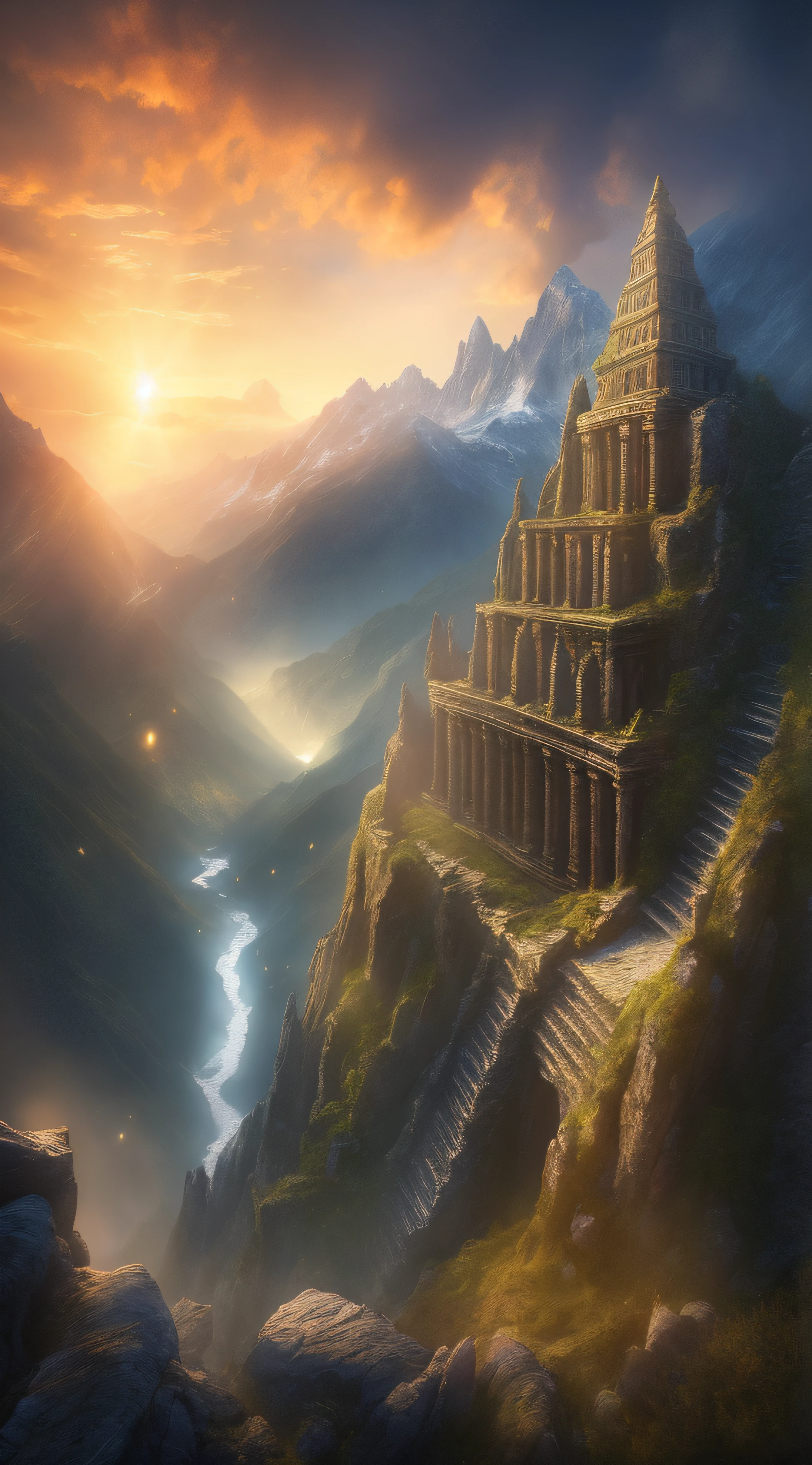 arafed image of a mountain with a temple on top of it, matte painting in fantasy style, inspired by Andreas Rocha, high fantasy matte painting, 8k matte painting, 8 k matte painting, 4k highly detailed digital art, 4k fantasy art, game art matte painting, 8k fantasy art, andreas rocha style, fantasy matte painting