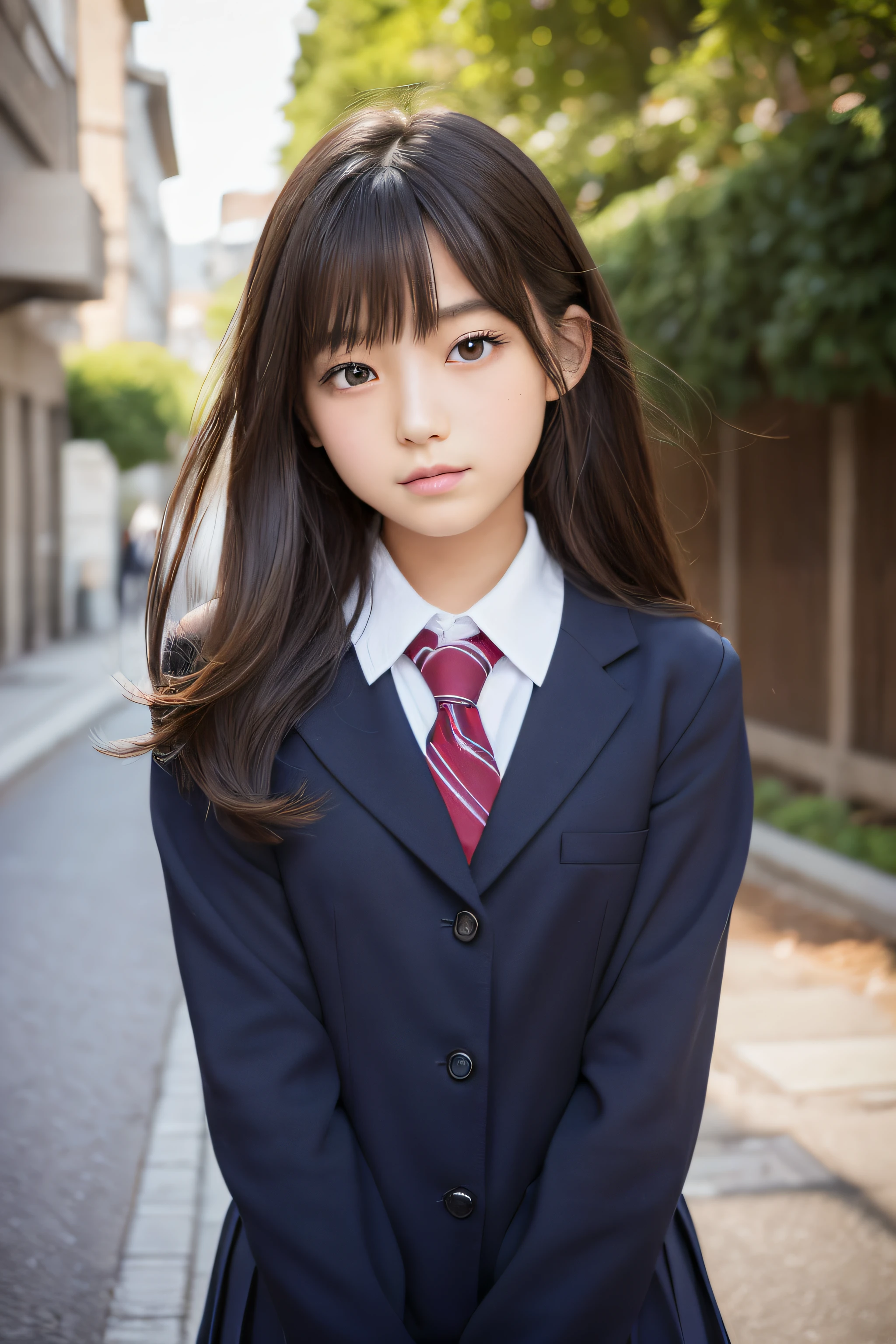 (masterpiece,top-quality,超A high resolution),A Japanese Lady, (((Very beautiful 12 year old girl))), Kawaii Girl、View photographer、Front view, ((Bob Hair)), hyper cute face, Glossy lips, Double eyelids in both eyes, Natural makeup, long eyelashes, Glossy smooth light brown long bob hair,, central image, Perfect limbs, Perfect Anatomy,(((School Uniforms)))