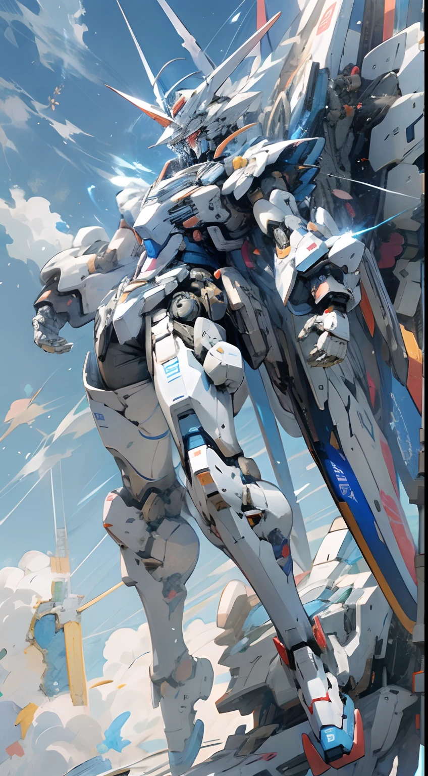 Gundam、Full body like、White and blue body、Floral pattern、Blue sky background