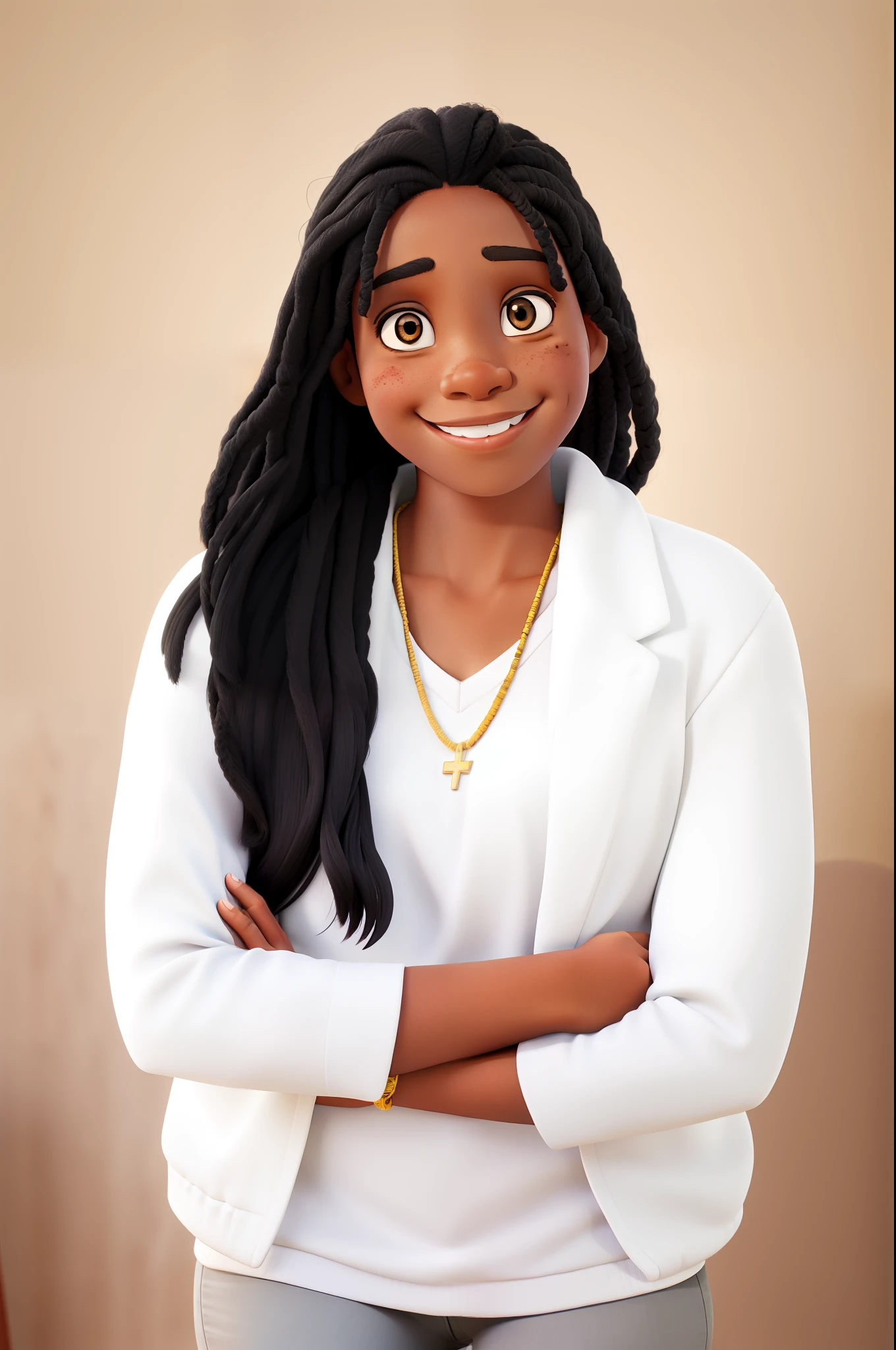 A smiling black girl with indigenous appearance with her arms crossed