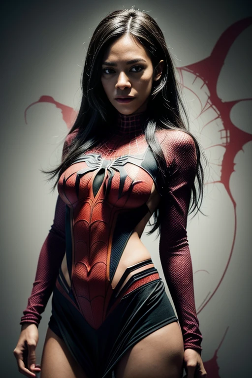 Adriana Lima、Sticking out the navel、newyork、She wears a torn Spider-Man suit,wearing skirt、 Red and black color scheme,Dynamic、masterpiece、top-quality、ultra-detailliert、ighly detailed、beautiful detailed brilliance、超A high resolution