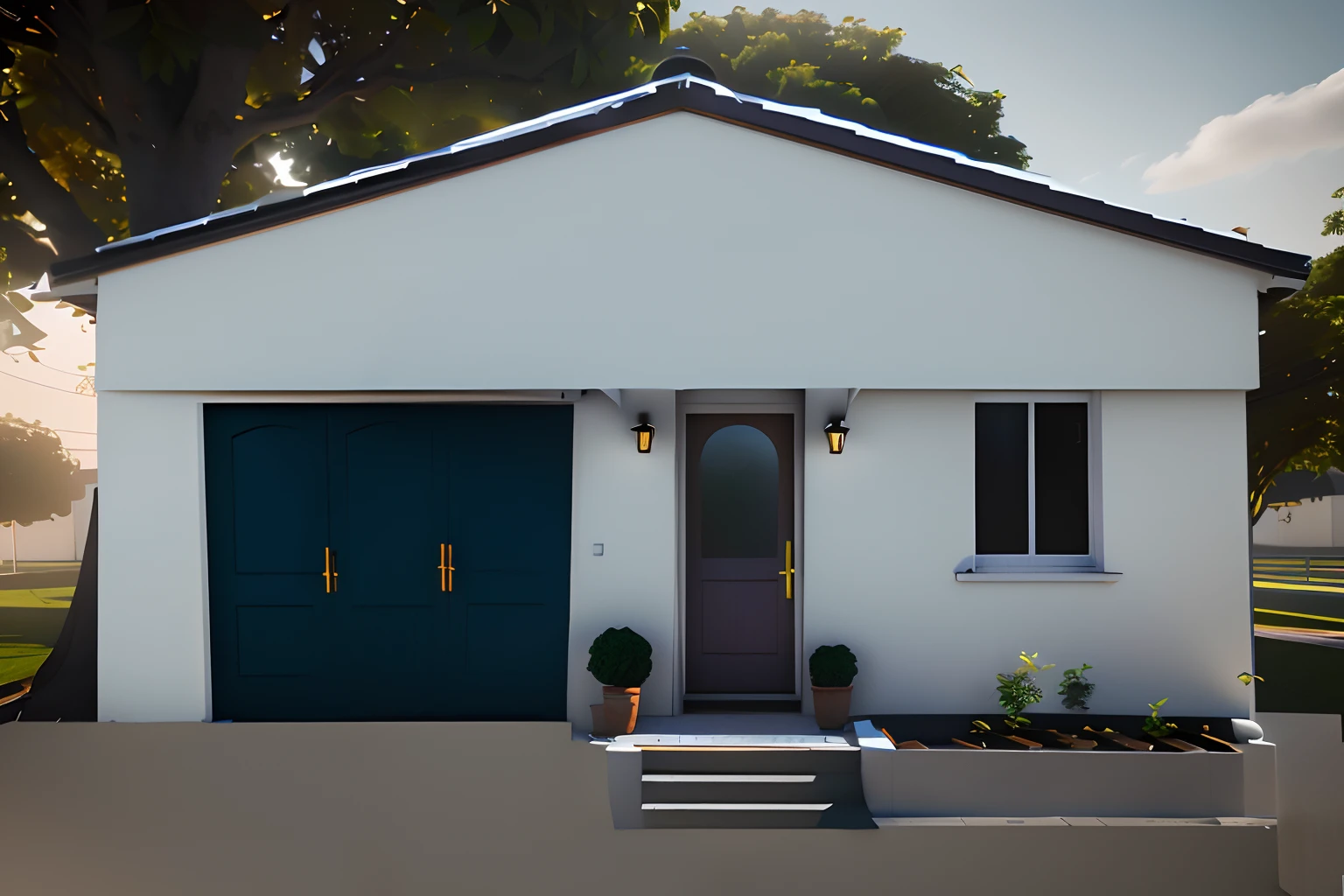 There is a small white house with a blue door and a green door, fully detailed render, semi-realistic rendering, denoised photorealistic render, altamente renderizado!!, high detail render, pre-rendered, very detailed render, 3d render highly detailed, 3d render highly detailed, very realistic 3 d render, realista estabelecendo tiro, finalrender, beautifully detailed render