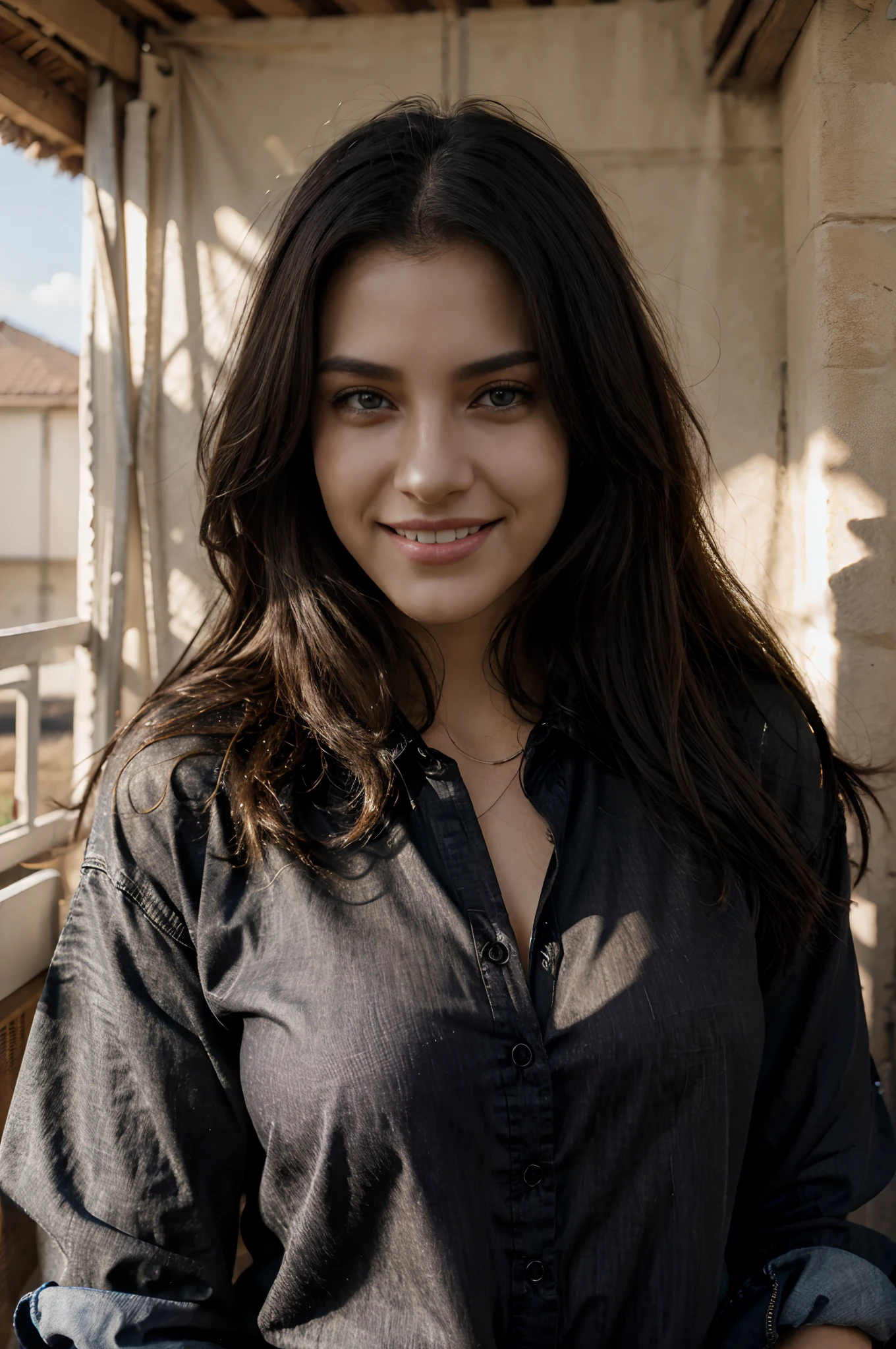 black jean shirt, very big chests, sexy smiling, clear eyes, heavy sunray, clear lighting