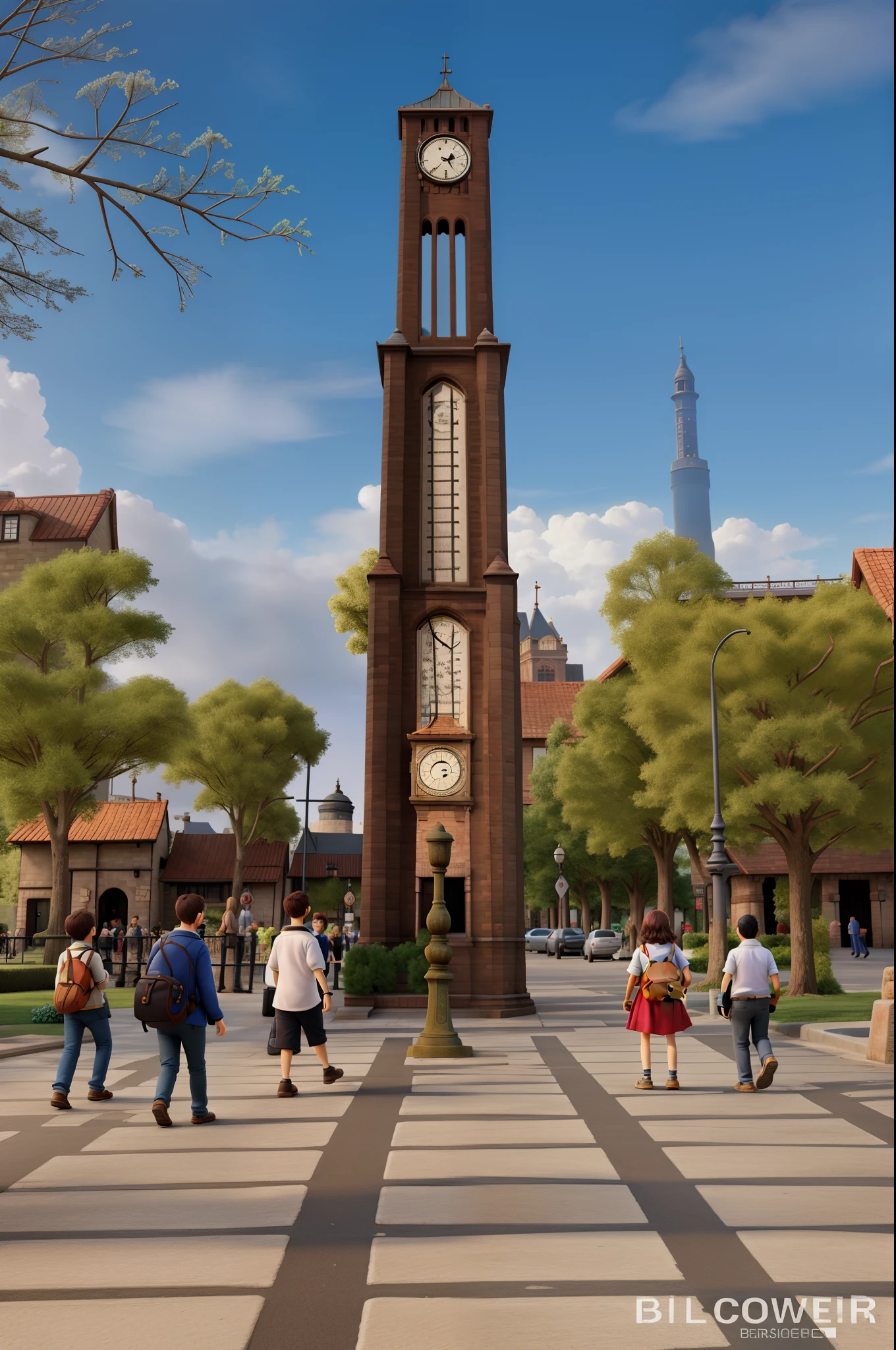 A tower with clock and person walking
