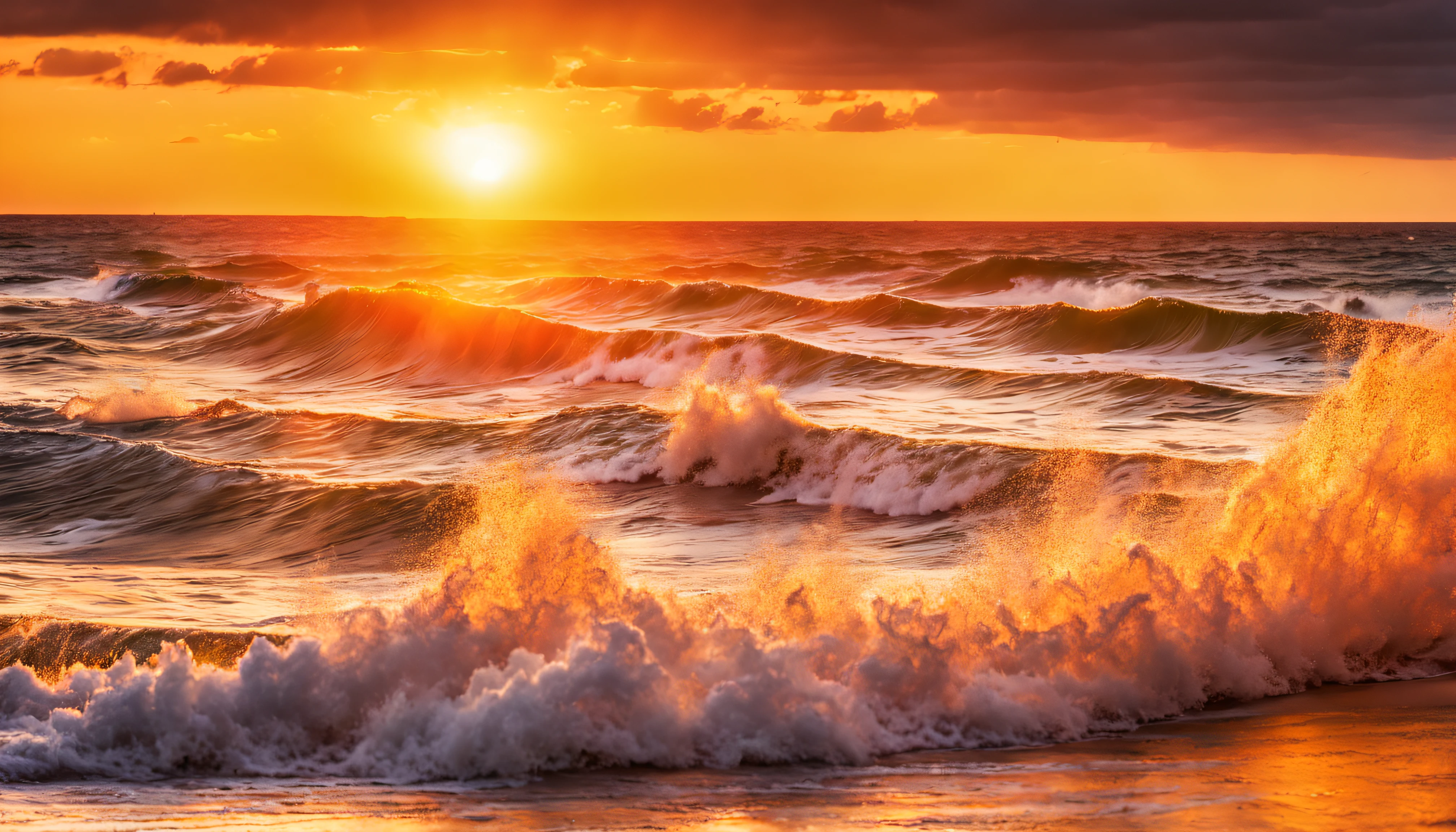 sunset over the ocean with a wave breaking in front of it, chaotic sea setting, beautiful waves in sea, sunset at the beach, epic red - orange sunlight, vibrant sunrise, shutterstock, beautiful sunrise, sunset on the beach, beautiful sunset, sea, vibrant sunset, tall backlit waves, the most beautiful sunset, soaring waves, rising from ocean, sunset glow