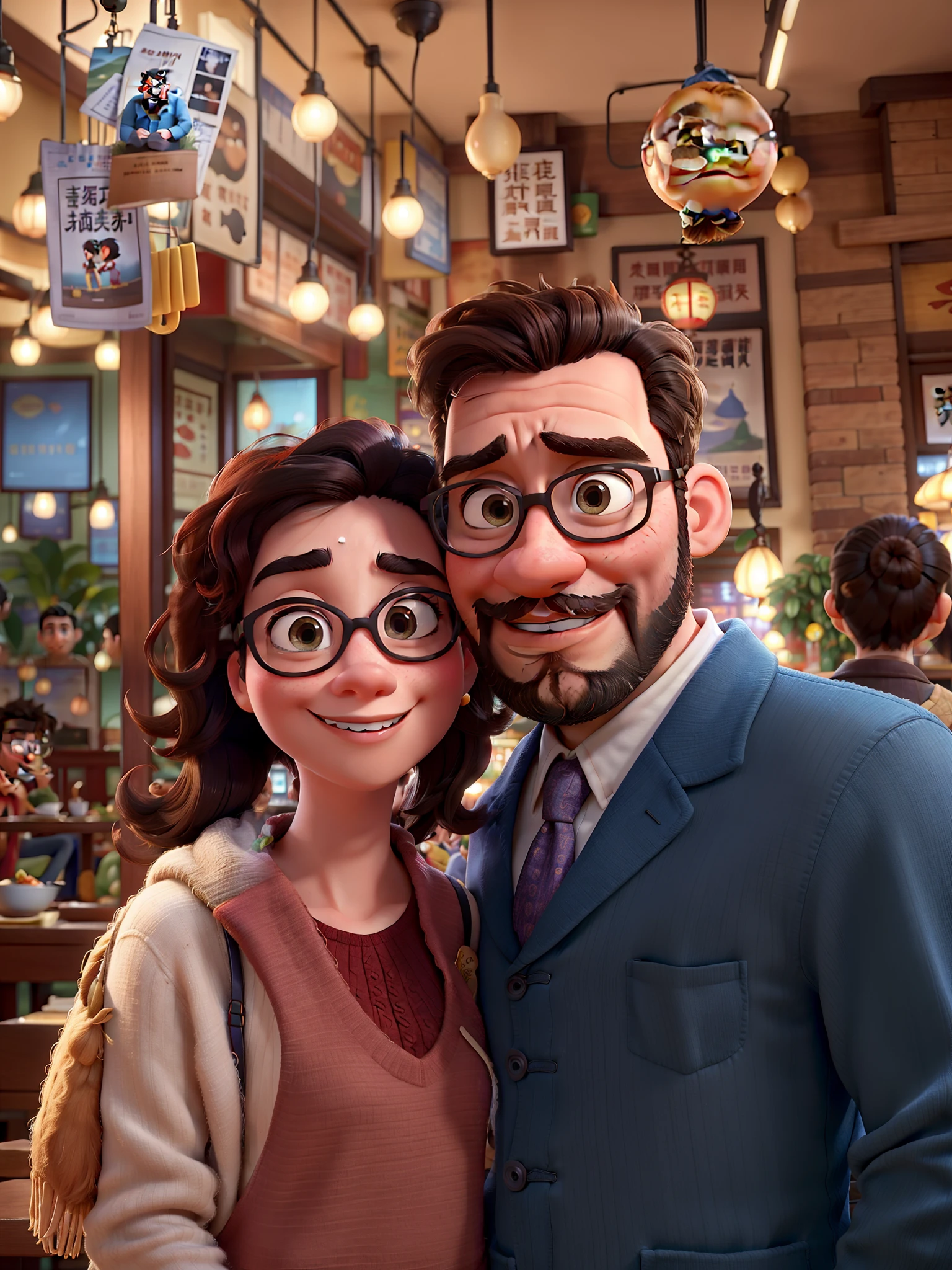 Pixar movie poster of a couple of young lovers taking a picture in Chinese restaurant. A menina tem cabelos claros e olhos castanhos, o menino tem bigode, Beard and glasses