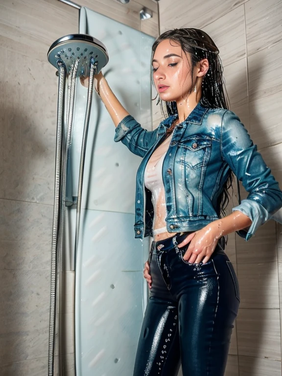 two women showering in light blue jeans and navy blue denim jacket, soaked, wet clothes, dripping wet, holding shower head, high heels, show heels, ((wet hair)), gradient hair, ((navy blue denim jackets)), ((light blue skinny jeans)), (((standing under the shower head)))