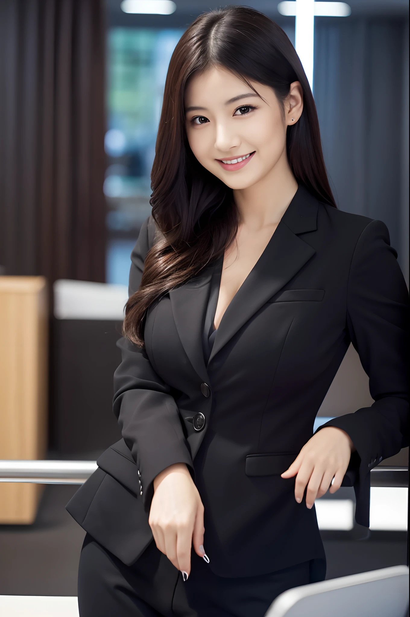 Japanese, Woman in black suit, office casual, office worker, dark hair, long hair, computer at office, smiling, slender figure, masterpiece, best quality, 20s, cleavage on chest, curvy body: 0.8, skin fine, super high res, photorealistic: 1.4, highest quality physical based rendering, top quality, 8K, real, raw photo, sensual beauty, full body shot, big boobs, quality that could be mistaken for a real woman