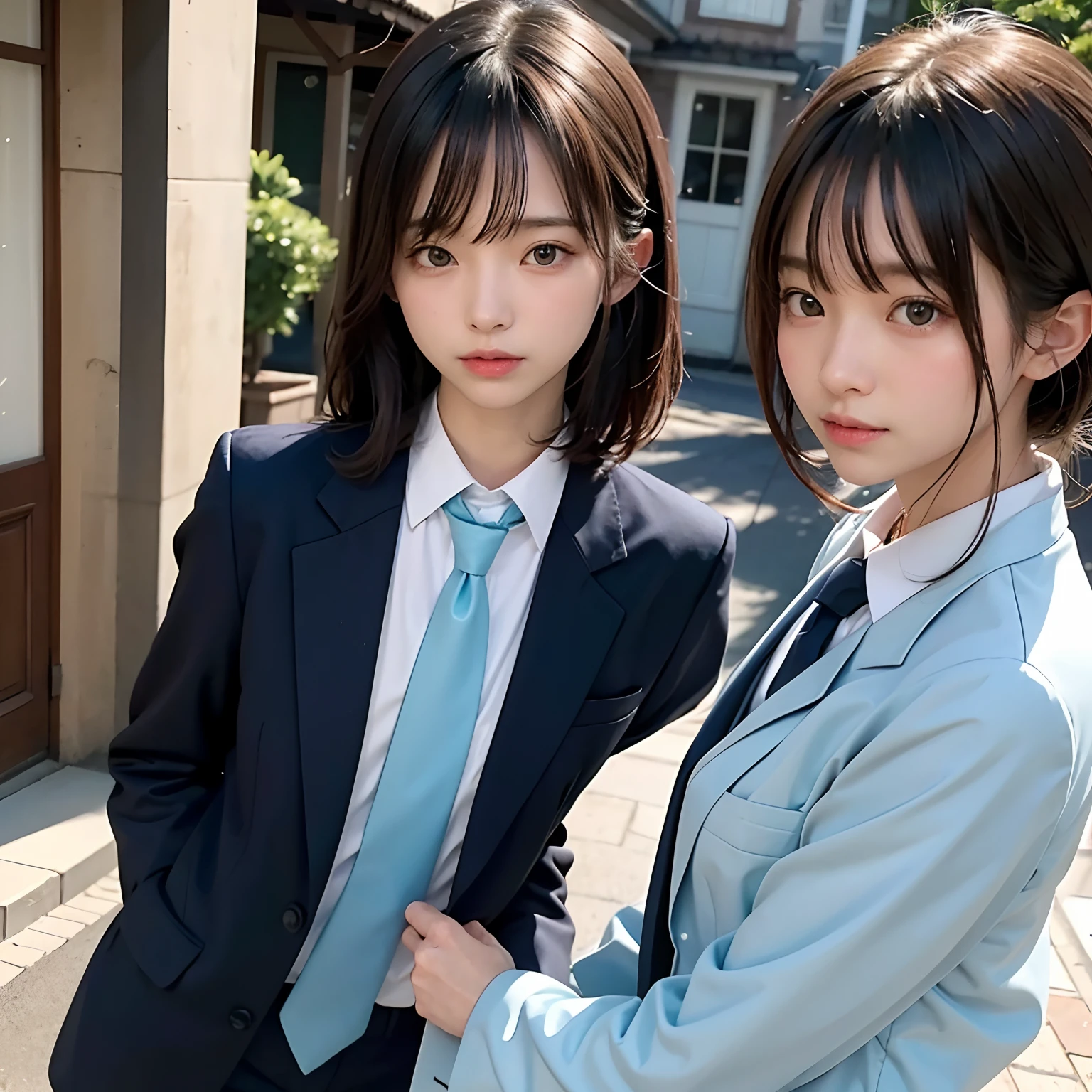 (masutepiece, Best Quality:1.2), 8K, Official art, Full body photo, full body Esbian、Suits、Embarrassing black hair、Facing up、skinny、14years、small tits、Eyes closed、Deep sadness、Sorrow、look up sky、screeming、 unbelievable Ridiculous, (Upper body, Dark blue suit:1.4), Beautiful Girl, Pretty Face, arching back down, cute panty、Gold hair ornament on hair、Wearing a cute suit、close up, Wearing a suit, Short sleeve, gardenia, violaceaess, Teen, Street, Looking at Viewer, Film grain, chromatic abberation, Sharp Focus, face lights, Dynamic lighting, Cinematic lighting, Eyes and faces with detailed, Bokeh background, (1 light blue tie:1.2)
