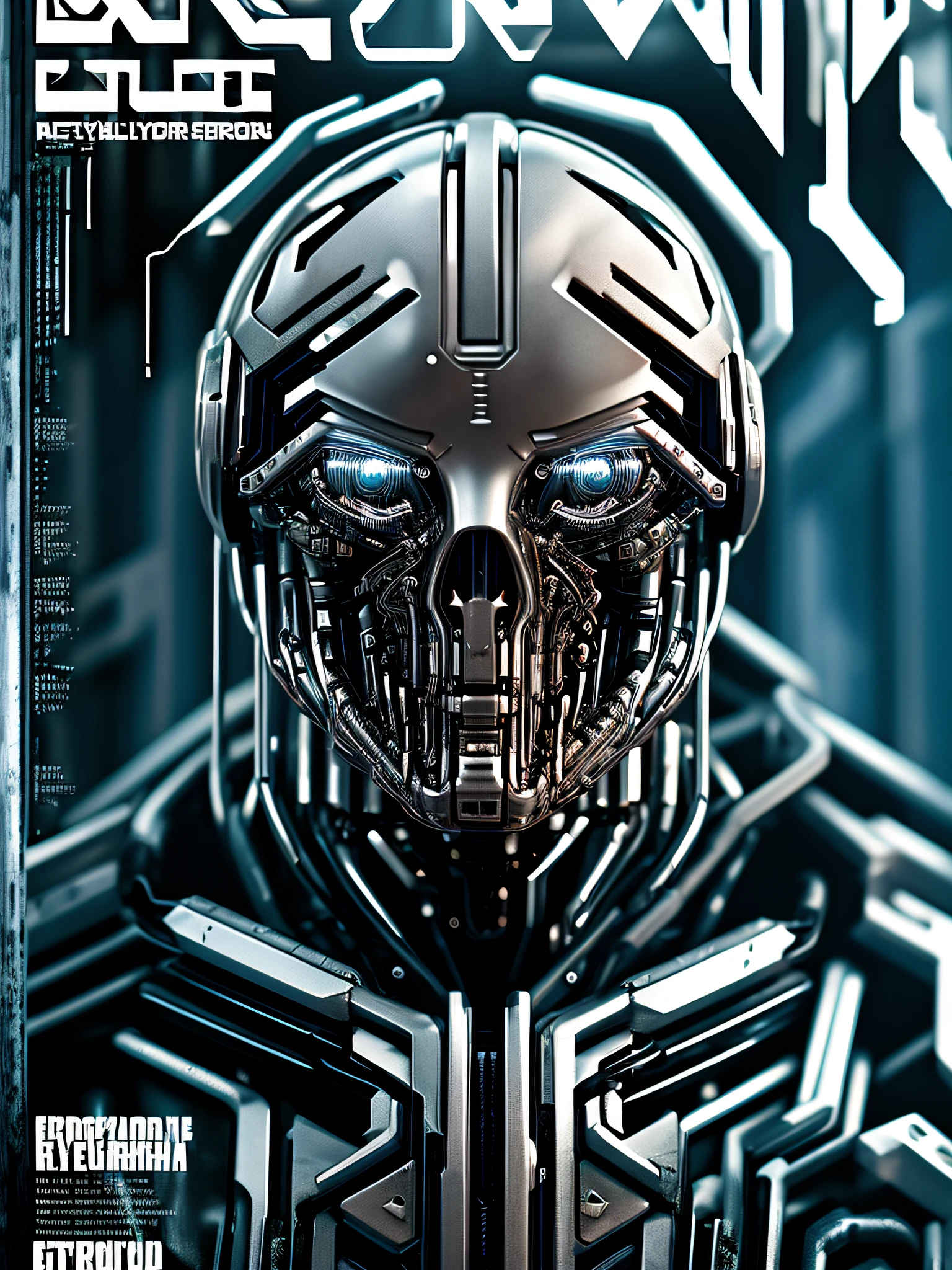 Cybernetic Revolutionaries, european male, magazine cover, poster art , Lovecraftian horror robot, bold huge text, matted design layout, strong, bold inking techniques, Metallic Silver and Gunmetal Gray: These colors are often used to represent the metallic components of cyborgs, giving them a sleek and futuristic appearance.