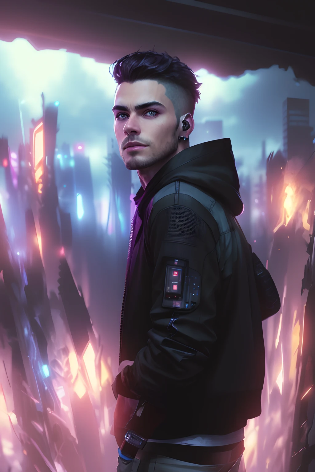 Change background, cyberpunk, handsome boy, realistic face, 8k ultra