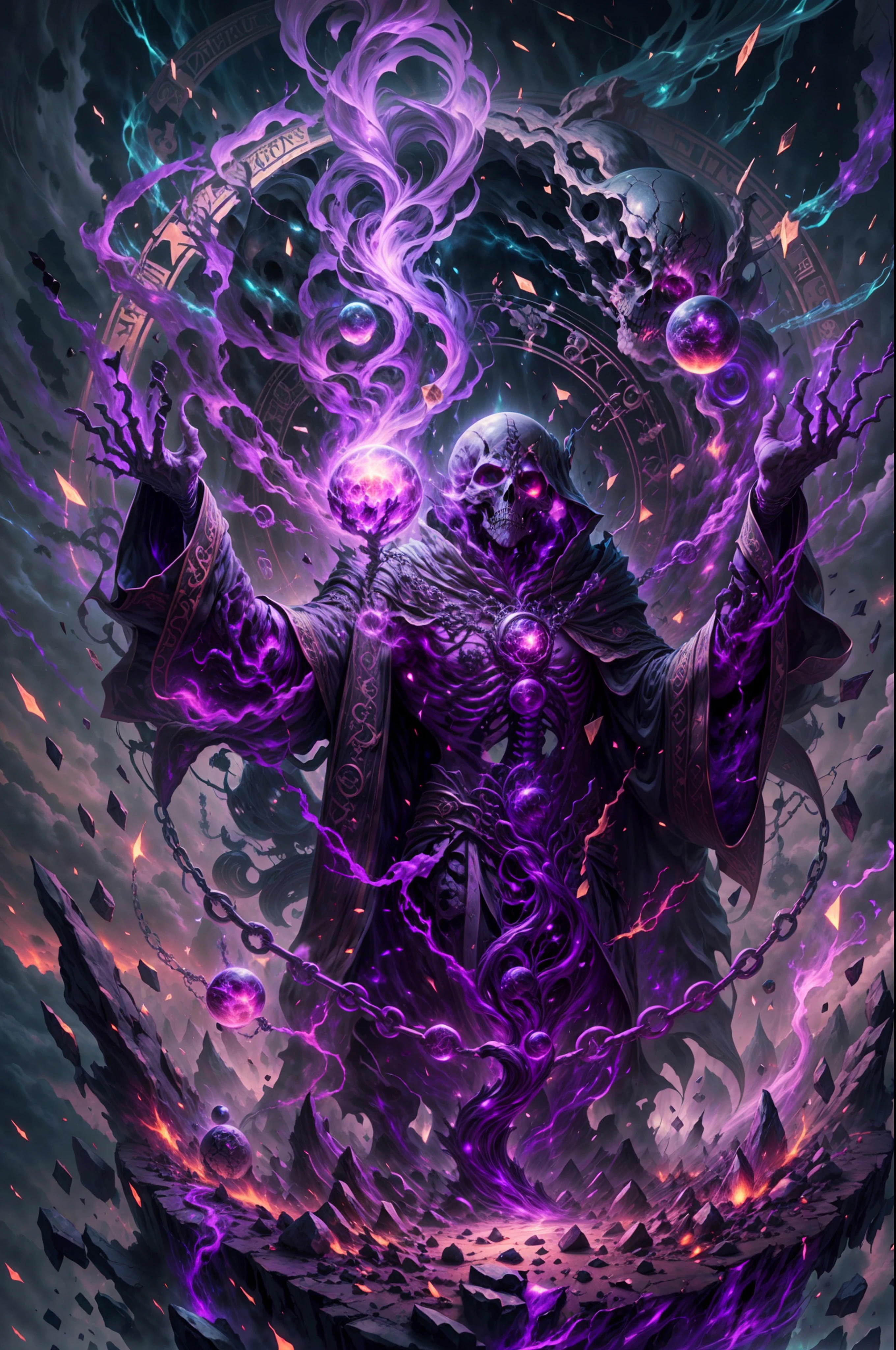 a dark runic skeleton lich, black gold skeleton, magical void energy, glowing eyes, death lightning, death energy ball floating on it's hand, casting a spell, energy cracking, bone hand, dressed in a luxury cloak, astral skulls floating around, earth and rock floating with energy as the lich hold, Detailed glowing runic line floating around, bones and skulls lays on the ground, dark purple energy, floating in the air, energy chain, magic circle on the ground