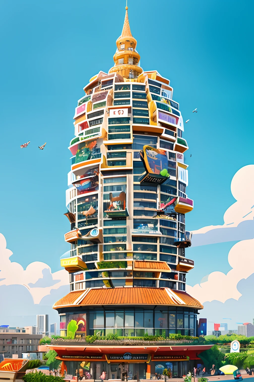 cartoonish style，A giant Tower of Babel，There are no buildings around，At the bottom of the tower stand 20 cartoon characters，Everyone carries a magnet strip on their back