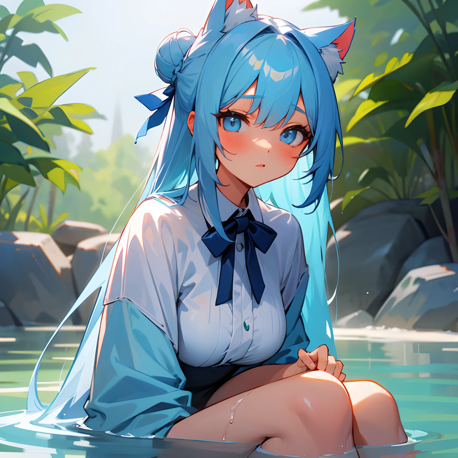 Light blue long-haired。cat ear。I'm in a hot spring。You can see your breasts。It's comfortable in。The hairstyle is tied up in a bun。Cute look。Hair is wet