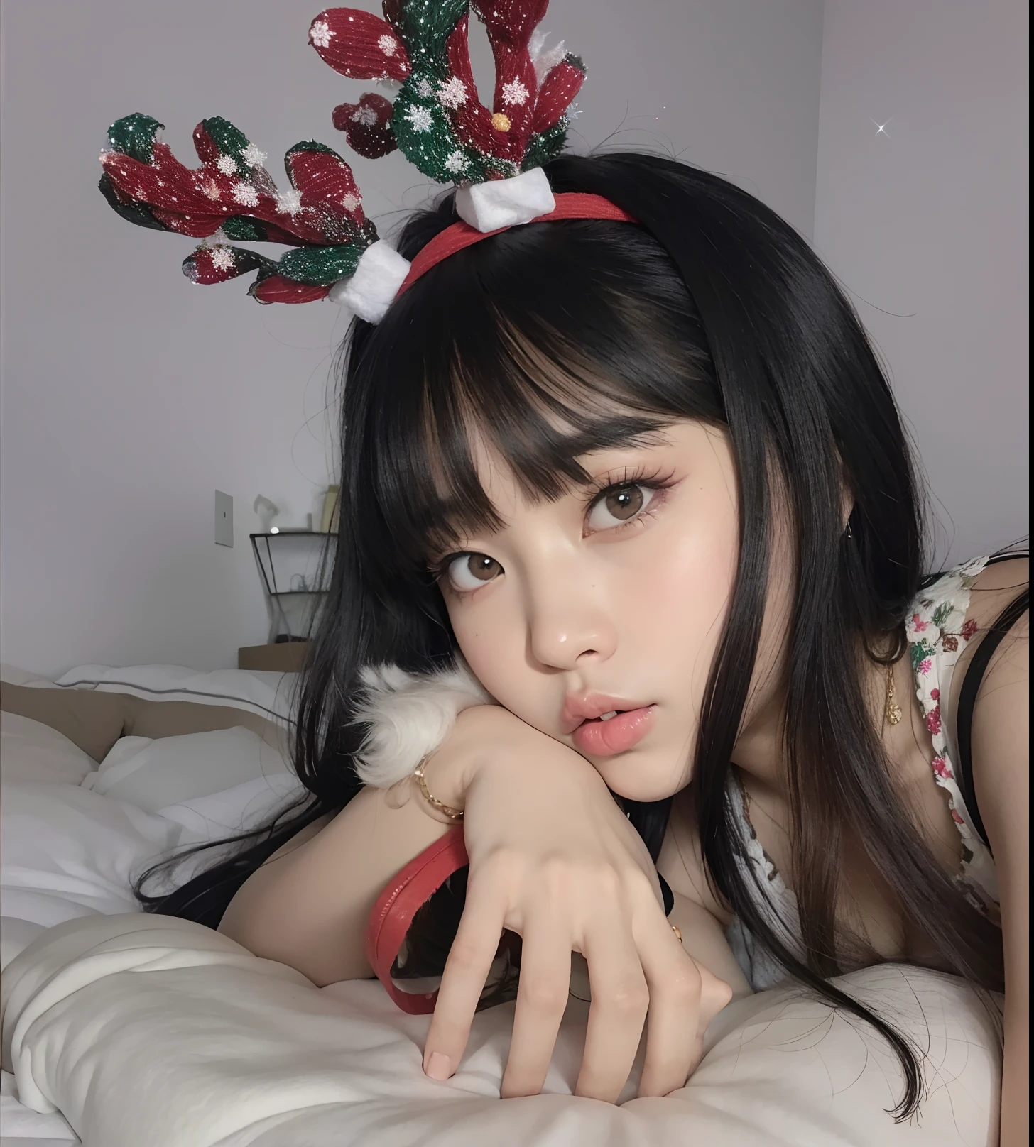 Araffe deitada em uma cama com uma faixa de Natal, Ulzzang, Sakimichan, Lalisa Manobal, Shikami, chan sakimi, Chiho, linda Delphine, com franja completa, Jaeyeon Nam, Kotegawa Yui, foto do perfil, foto de perfil, Ela tem cabelo preto com franja, com franja