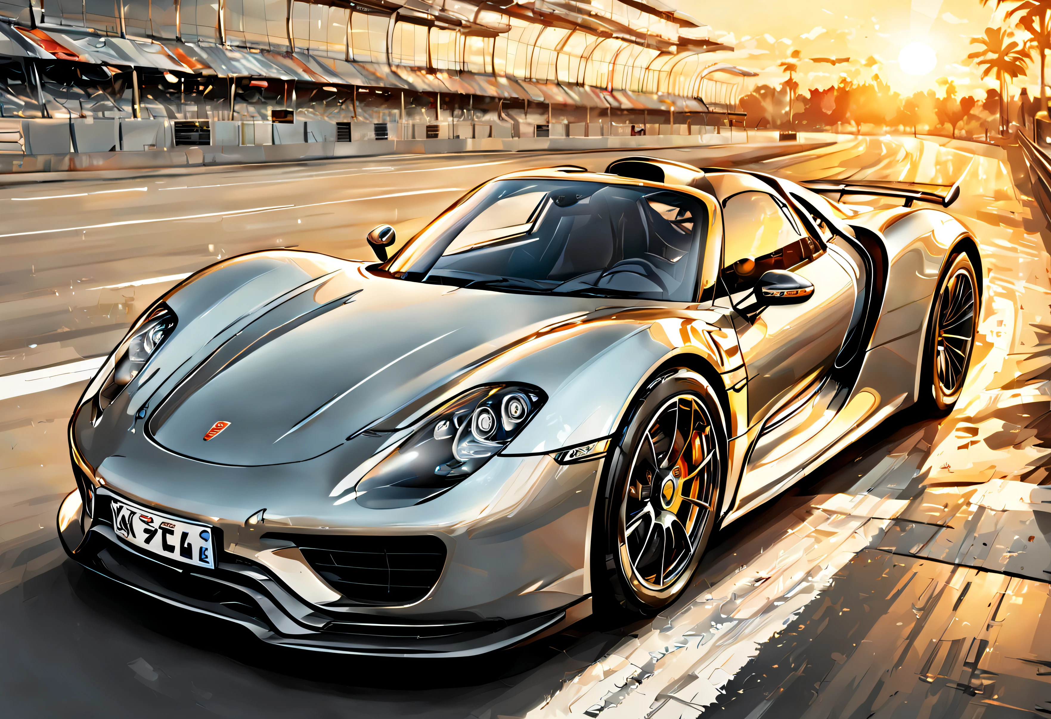 Porsche 918, roule sur un circuit, avec du soleil, effet dessin style manga