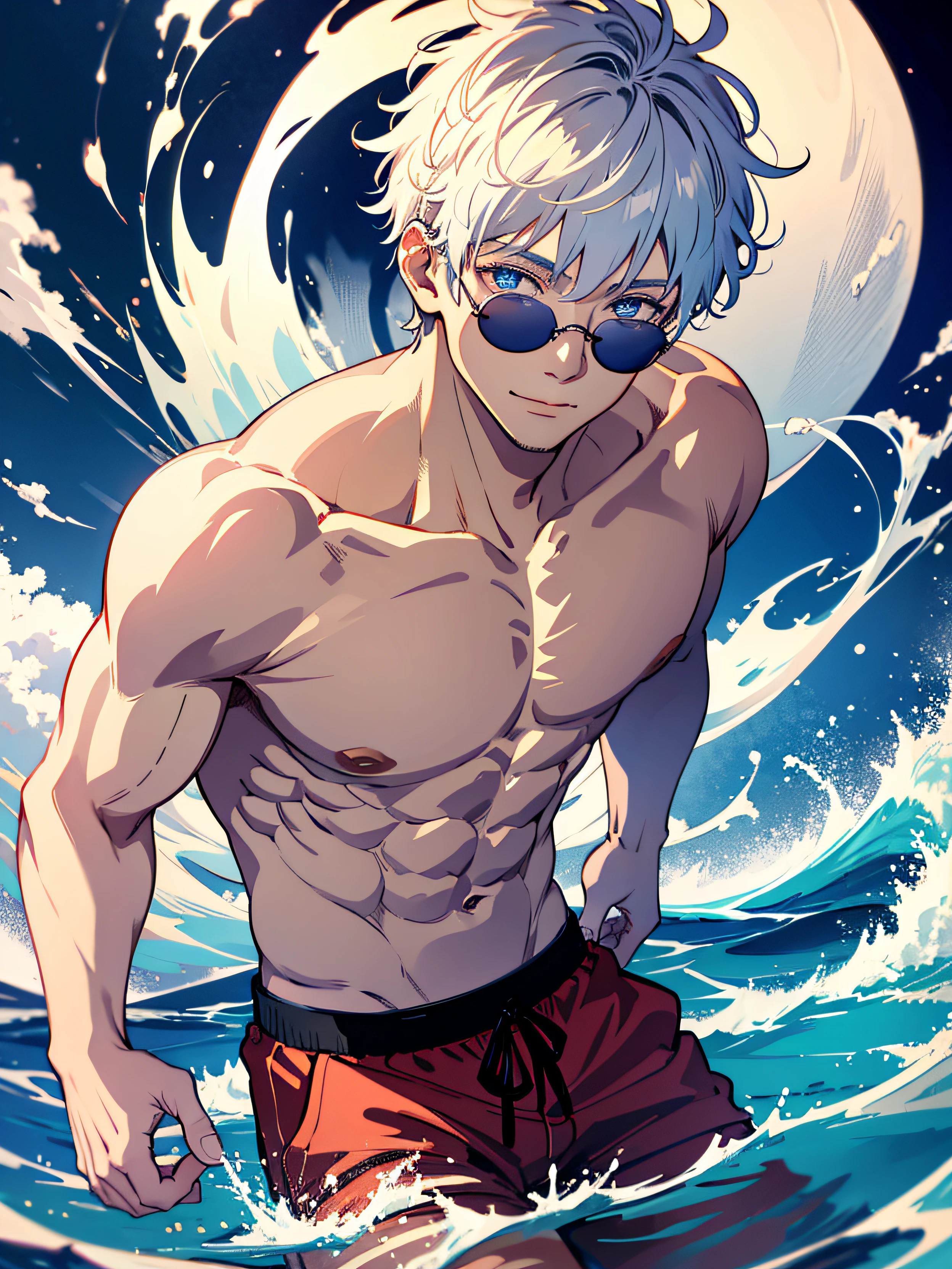 Muscular bakugou katsuki laying down on seabed underwater, cyan water, water bubbles, top view, relaxed expression, naked penis , muscular pecs and washboard abs, sweating heavily, wristwatch, necklace, scales on body, round tainted glasses,