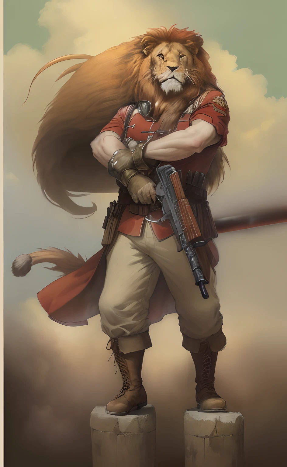 真实感, Realism, Painting by Jean-Baptiste Monge depicting a large adult lion, Bright red mane, Evil Look, dressed in military uniform, hat on his head, In the hands of a weapon, stands on a ledge, , jean - baptiste monge, anthropomorphic --ar 2:3 --testp -optimistic;