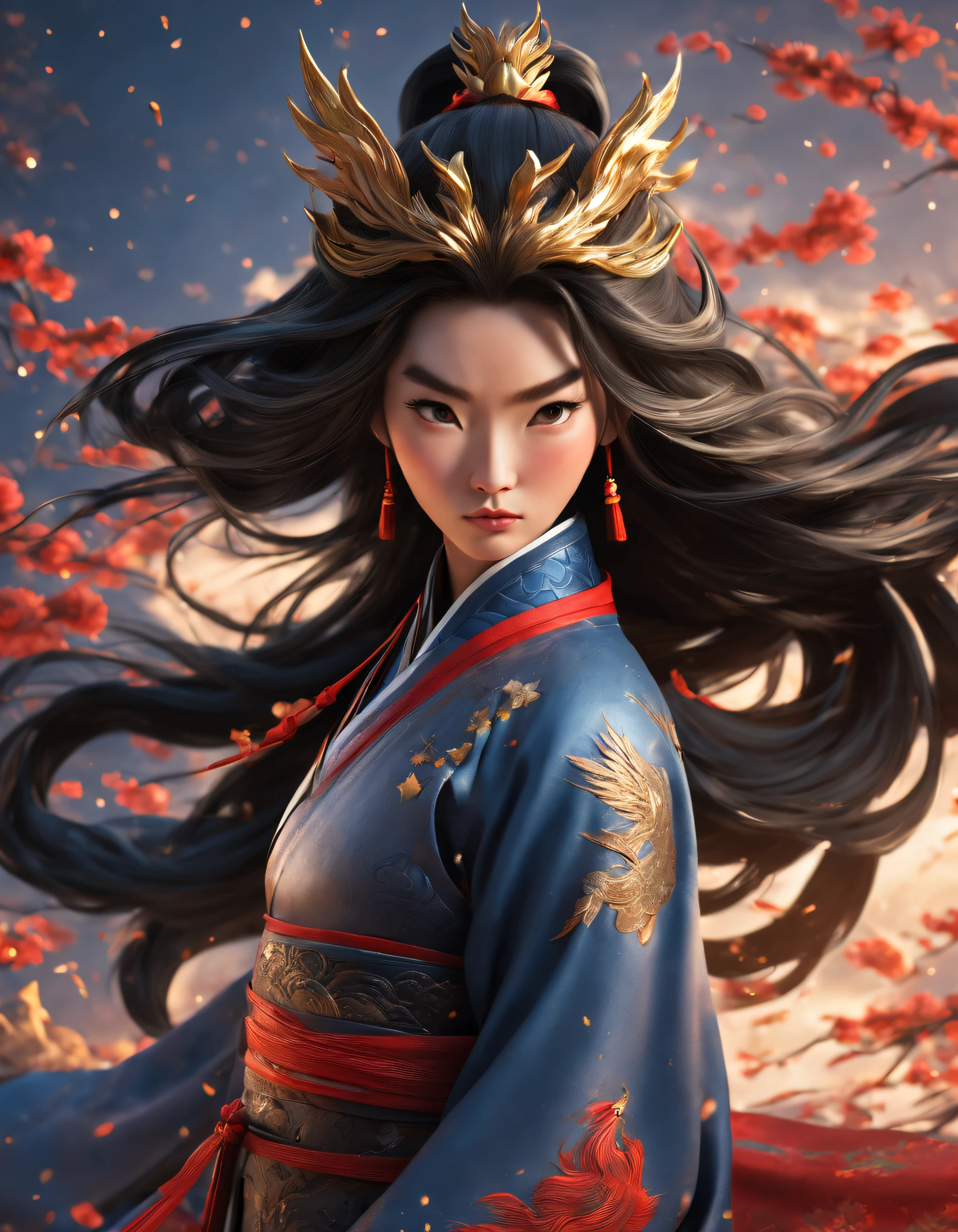 3D rendering of (Mulan wears a phoenix helmet，Close-up of dark blue armor and a sword), （Close-up of the front avatar）, sword，sword，sword，sword，（Under his neck was a sword that shone with cold light：1.37）, （Suicide by suffocation in the neck：1.3），The handle is engraved with a beautiful pattern, Very long hair, Ebony hair, Big black eyes, Long eyelashes, Sexy red lips, Resolute expression, (The upper body wears dark blue armor made of fish scales and iron), (The armor was also inlaid with golden stars), (floral embroidery: 1.2), (Cloak decorated in black and gold), disney movie《Mulan》, Martial arts, Kungfu, Chinese exquisite clothing, Wield your sword，Cut through the clouds, Stars are displayed，embroidery
background: (blood spatter：1.37），（Red Phoenix: 1.1）， Scarlet night sky, (A round of the moon,), Sand and foam spinning, Blue gas vortex, Spun sand and foam, Dusty,,{{Masterpiece}}, {{{Best quality}}},{{Ultra-detailed}}, {{illustration}},{{Disheveled hair}},{{Masterpiece}},{{{Best quality}}},{{Ultra-detailed}}, {{{illustration}}},{{Disheveled hair}},Clear facial features,close up photograph,black ink painting,Aubrey Beardsley（Aubrey Beardsley）a beautiful painting,Alphonse Mucha,Pixar style,Cartoon style,beatrix potter （beatrix potter） 's illustration,Refined atmosphere,Intense atmosphere, microscopic view,Close-up(CU),Extreme closeup,back Lighting,