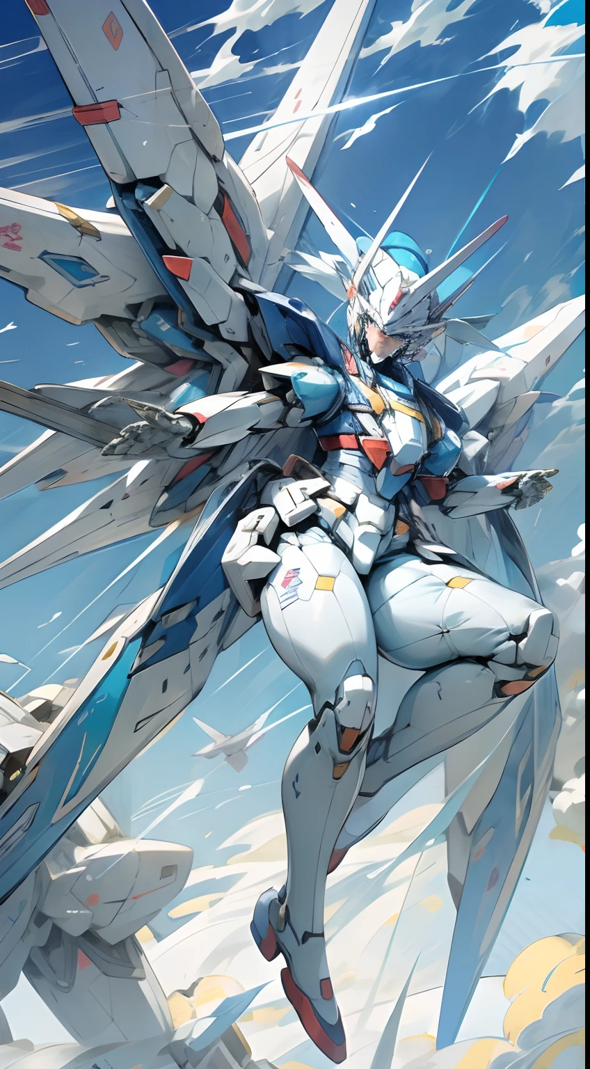 Gundam、Full body like、White and blue body、Floral pattern、Blue Sky Background