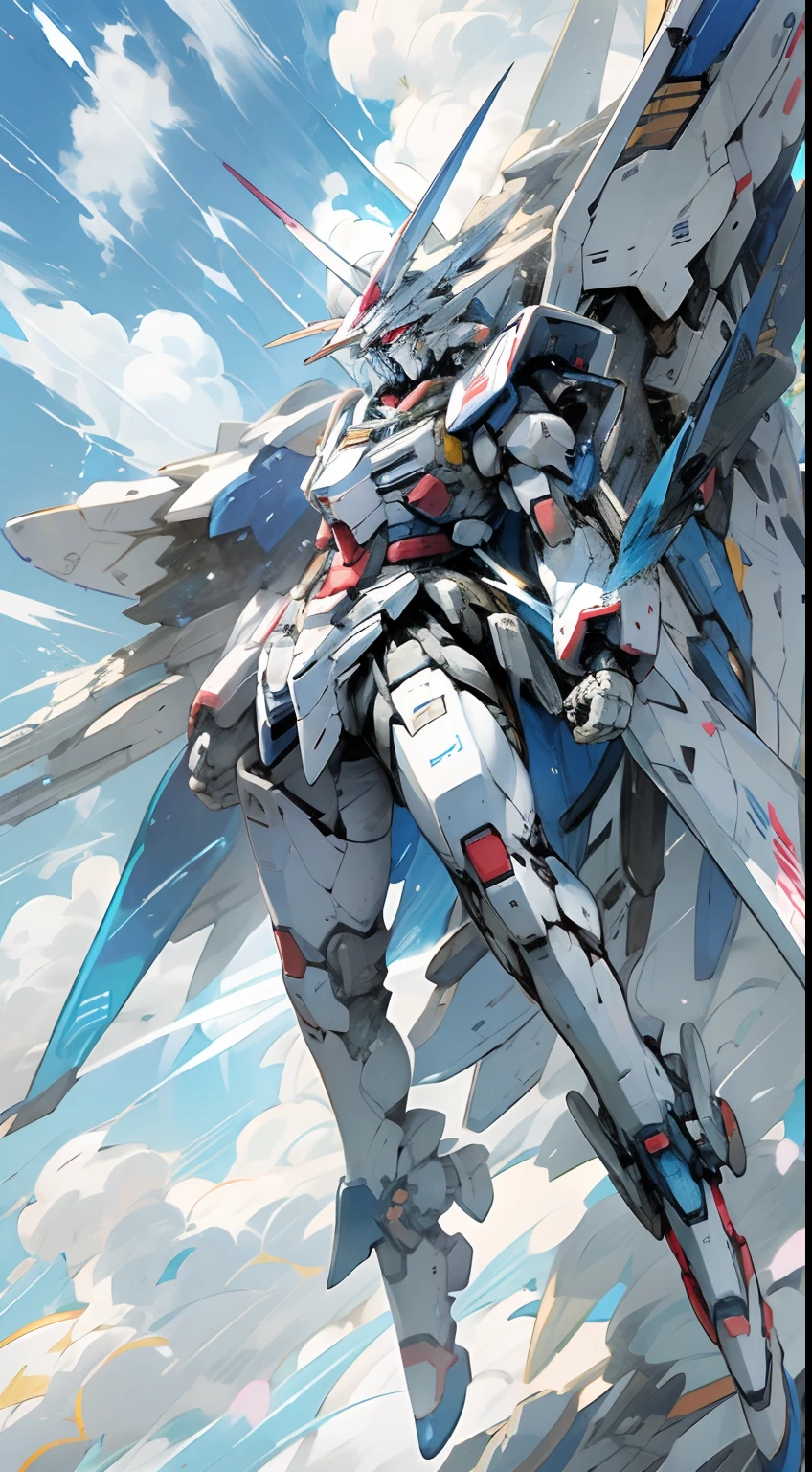Gundam、Full body like、White and blue body、Floral pattern、Blue Sky Background