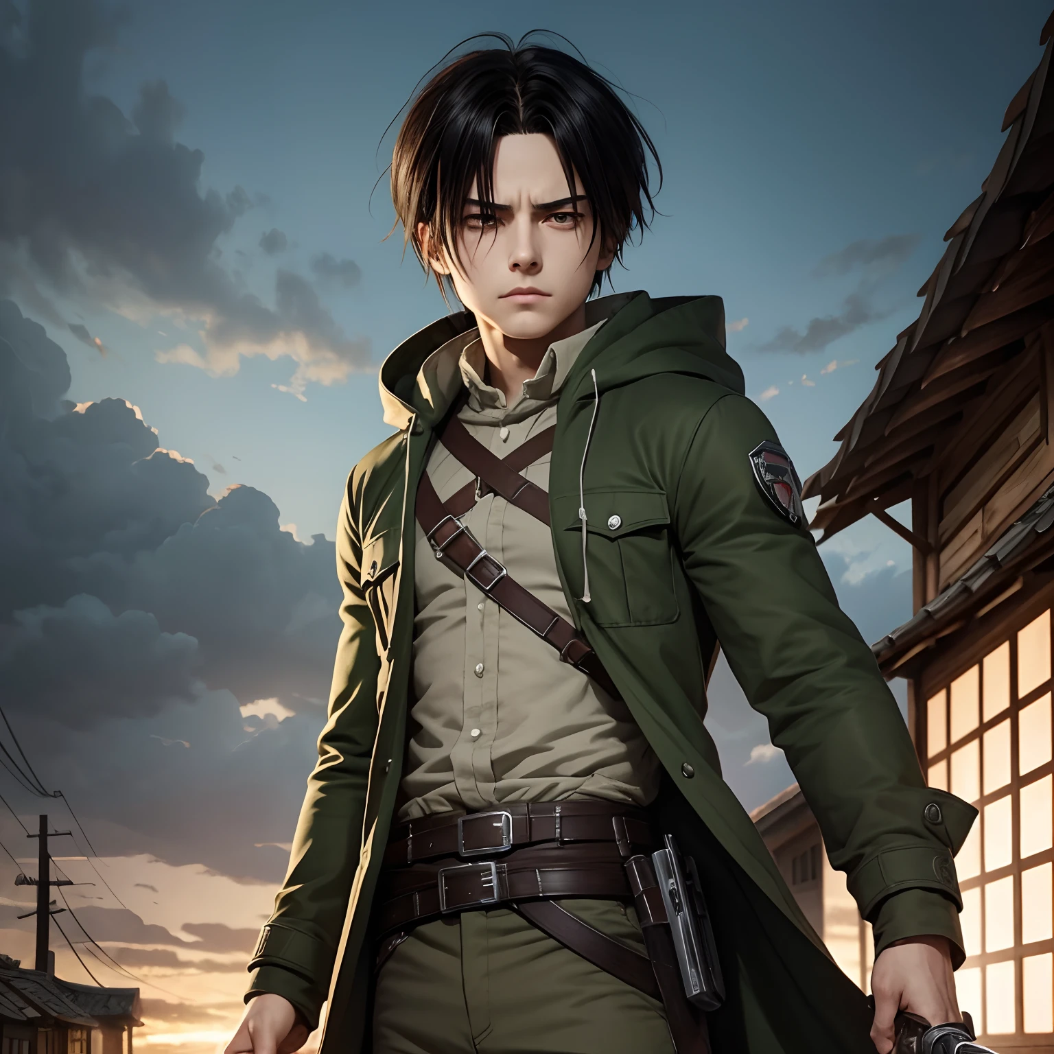 1boy, style cartoon, levi ackerman, Super Deformed Character, A detailed illustration of a beautiful cute kawaii chibi in a old village, levi from anime attack on titan, sword in hand vertical maneuvering equipment, narrow, intimidating dull gray eyes with dark circles under them and a deceptively youthful face, frowning or expressionless, in his Survey Corps uniform with green hooded cloak, serious mood, awesome full color, high quality, highly detailed, 8K Ultra HD