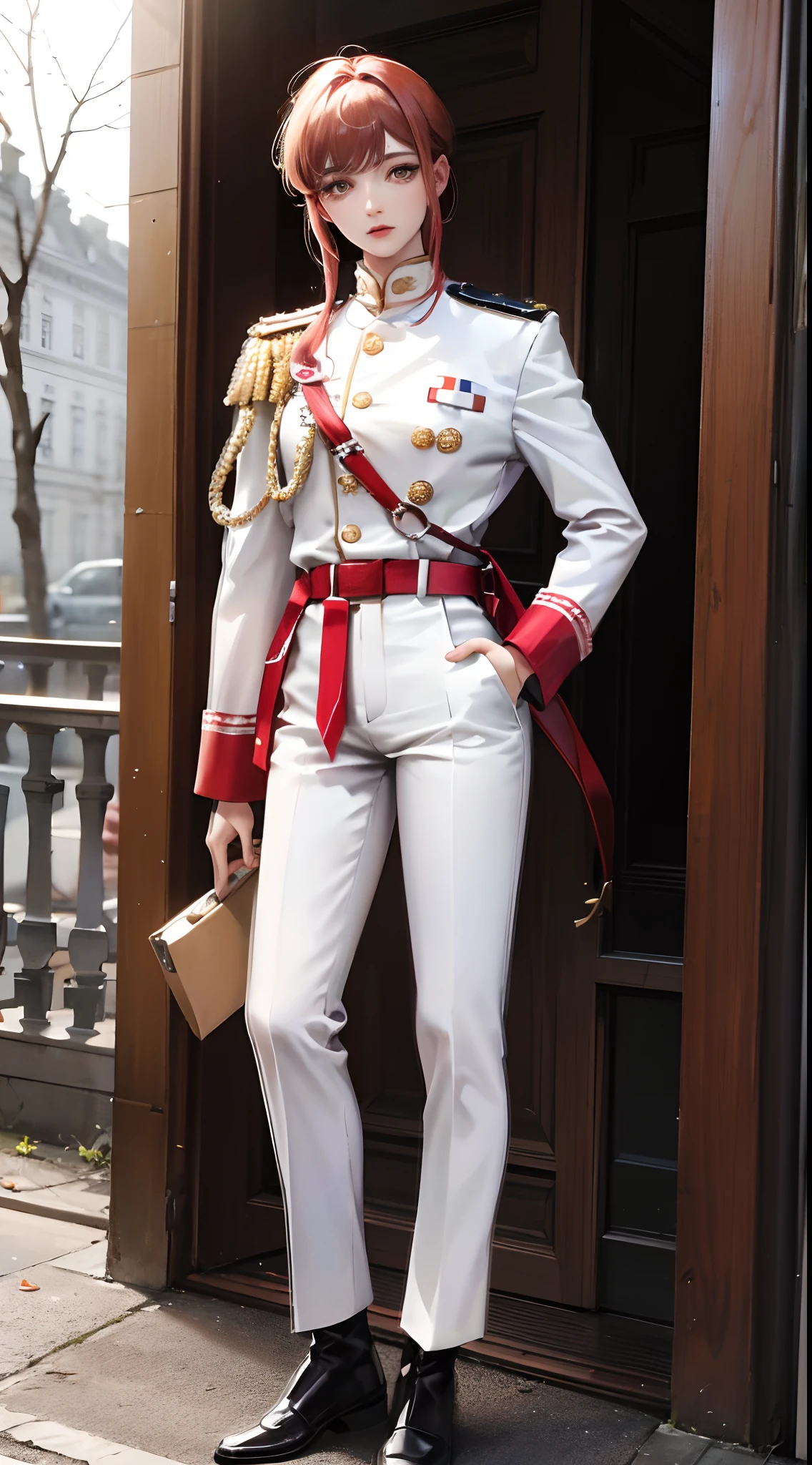 (The highest resolution, distinct_Photograph) Excellent, 巨作, highly detail, semi realistic, Shame 2, Very beautiful woman, 独奏, A normal handsome situation, short red hair, golden eyes, Indifferent expression, 18 years old, young, Tall and strong , White and red military uniforms, trousers, Military pants, Military Boots, military uniform, Military School, confident, serious, High cold and proud, Standing on a slope, Overlooking