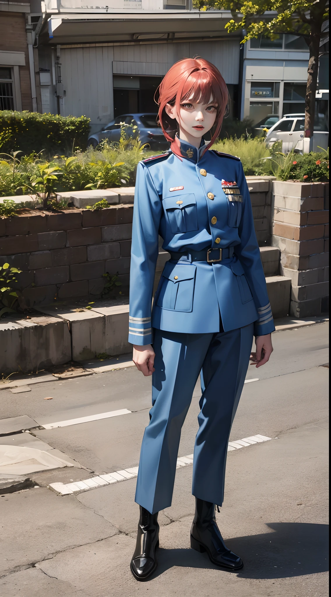 (The highest resolution, distinct_Photograph) Excellent, 巨作, highly detail, semi realistic, Shame 2, Very beautiful woman, 独奏, A normal handsome situation, short red hair, golden eyes, Indifferent expression, 18 years old, young, Tall and strong , White and red military uniforms, trousers, Military pants, Military Boots, military uniform, Military School, confident, serious, High cold and proud, Standing on a slope, Overlooking