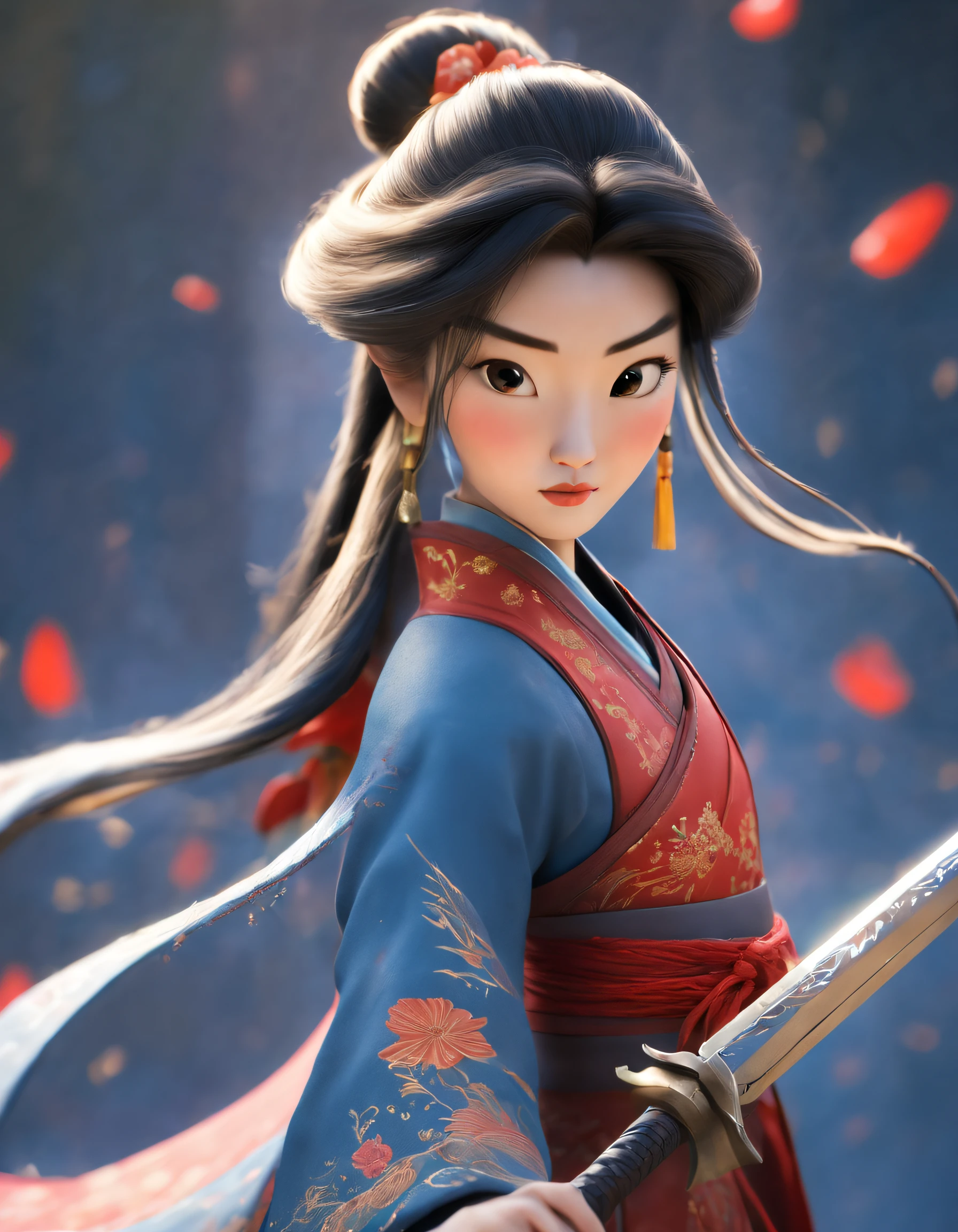 3D rendering of (Close-up of Mulan holding a very long sword), （Close-up of the front avatar）, （Very long sword：1.37），（Sword），Engraved with beautiful patterns,  (The upper body wears dark blue armor made of fish scales and iron), (The armor was also inlaid with golden stars), (floral embroidery: 1.2), (Cloak decorated in black and gold),
Very long hair, Ebony hair, Big black eyes, Long eyelashes, Sexy red lips, Resolute expression, disney movie《Mulan》, Martial arts, Kungfu, Chinese exquisite clothing, Wield your sword，Cut through the clouds, Stars are displayed，embroidery
background: (blood spatter：1.37），（Red Phoenix: 1.1）， Scarlet night sky, (A round of the moon,), Sand and foam spinning, Blue gas vortex, Spun sand and foam, Dusty,,{{Masterpiece}}, {{{Best quality}}},{{Ultra-detailed}}, {{illustration}},{{Disheveled hair}},{{Masterpiece}},{{{Best quality}}},{{Ultra-detailed}}, {{{illustration}}},{{Disheveled hair}},Clear facial features,close up photograph,black ink painting,Aubrey Beardsley（Aubrey Beardsley）a beautiful painting,Alphonse Mucha,Pixar style,Cartoon style,beatrix potter （beatrix potter） 's illustration,Refined atmosphere,Intense atmosphere, microscopic view,Close-up(CU),Extreme closeup,back Lighting,