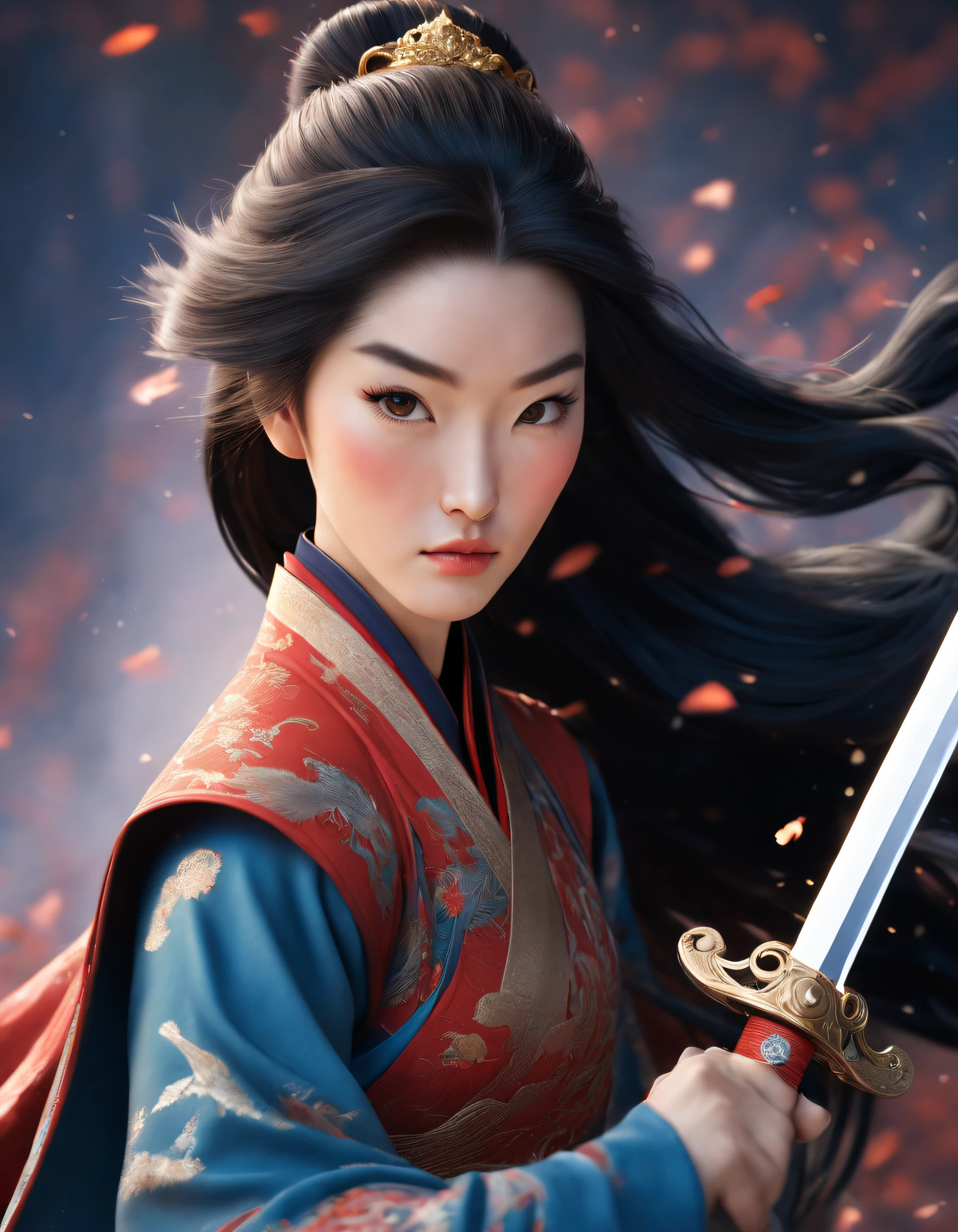 3D rendering of (Close-up of Mulan holding a very long sword), （Close-up of the front avatar）, （Very long sword：1.37），（Sword），Engraved with beautiful patterns,  (The upper body wears dark blue armor made of fish scales and iron), (The armor was also inlaid with golden stars), (floral embroidery: 1.2), (Cloak decorated in black and gold),
Very long hair, Ebony hair, Big black eyes, Long eyelashes, Sexy red lips, Resolute expression, disney movie《Mulan》, Martial arts, Kungfu, Chinese exquisite clothing, Wield your sword，Cut through the clouds, Stars are displayed，embroidery
background: (blood spatter：1.37），（Red Phoenix: 1.1）， Scarlet night sky, (A round of the moon,), Sand and foam spinning, Blue gas vortex, Spun sand and foam, Dusty,,{{Masterpiece}}, {{{Best quality}}},{{Ultra-detailed}}, {{illustration}},{{Disheveled hair}},{{Masterpiece}},{{{Best quality}}},{{Ultra-detailed}}, {{{illustration}}},{{Disheveled hair}},Clear facial features,close up photograph,black ink painting,Aubrey Beardsley（Aubrey Beardsley）a beautiful painting,Alphonse Mucha,Pixar style,Cartoon style,beatrix potter （beatrix potter） 's illustration,Refined atmosphere,Intense atmosphere, microscopic view,Close-up(CU),Extreme closeup,back Lighting,