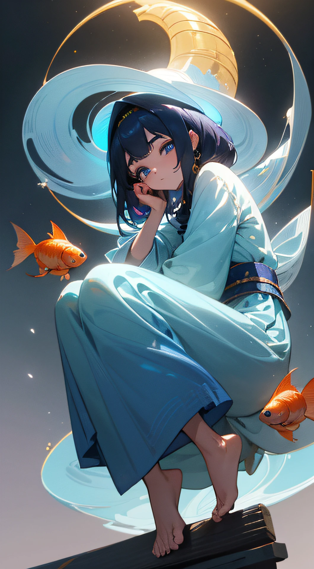 Pixar-style super cute anthropomorphic fishing，, Detailed lights, Charming big eyes, musculature, Surreal, Super fine, Luxurious,, Charming big eyes,, Surreal, Ultra-detailed effects, Luxurious, elegant, with an intricate, Gorgeous, illusion engine, Octane rendering, 8K, Liberal realism，Blue crystal eyes，Ancient China，Extreme light and shadow，4k画质，30 young women，cabelos preto e longos，adorable expression，Beautiful appearance，Lots of decorations，Gorgeous gold jewelry，Colorful gemstone luster，Fairy air fluttering，Ancient long skirts，full bodyesbian，Beautiful feet，，Mochizuki style，Normal，Goldfish in detail，