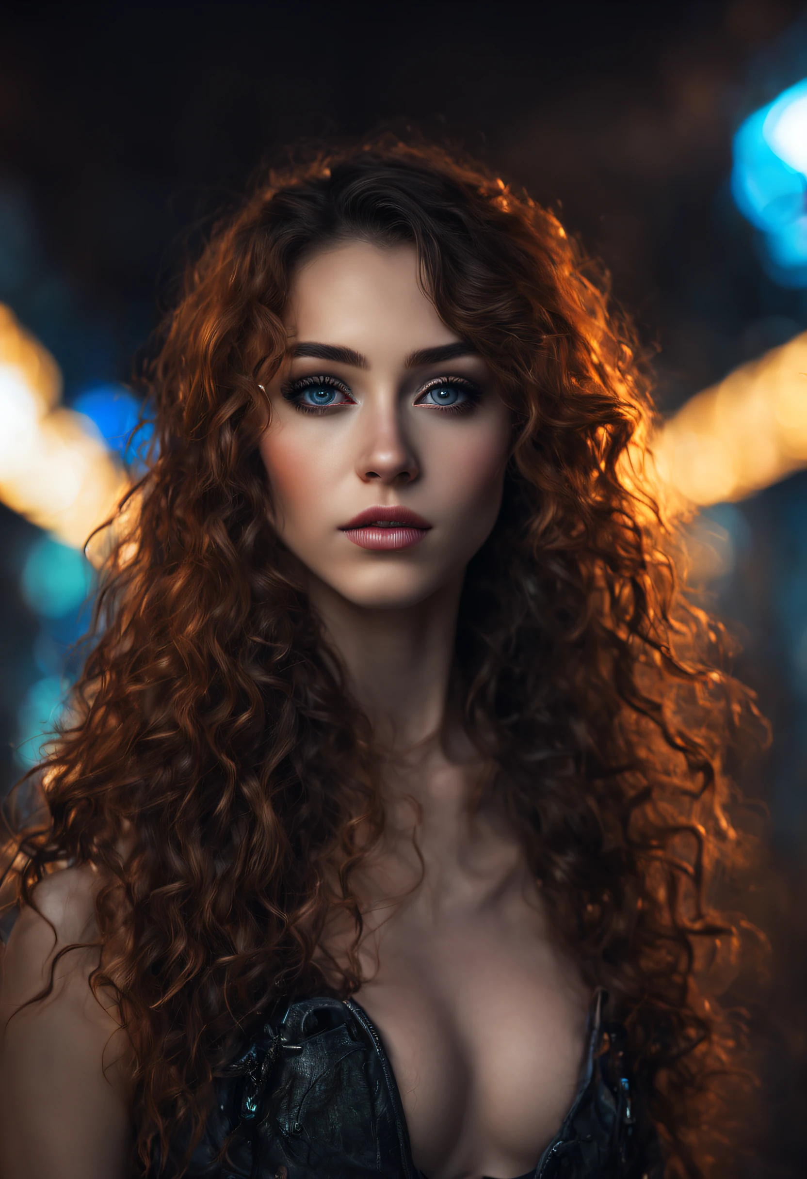 Hyper realistic professional full body portrait, (1girl:1.1) one stunningly beautiful young shining long brunete haired, long curly hair, hyper detailed and perfect, intense detailed eyes, perfect face, dark makeup ultra detailed, extemly detalled and perfect face, face, cinematic photo neon sign,, neon lights, sunset, reflective puddles, scifi,85mm photograph, film, bokeh, professional, 4k, highly detailed