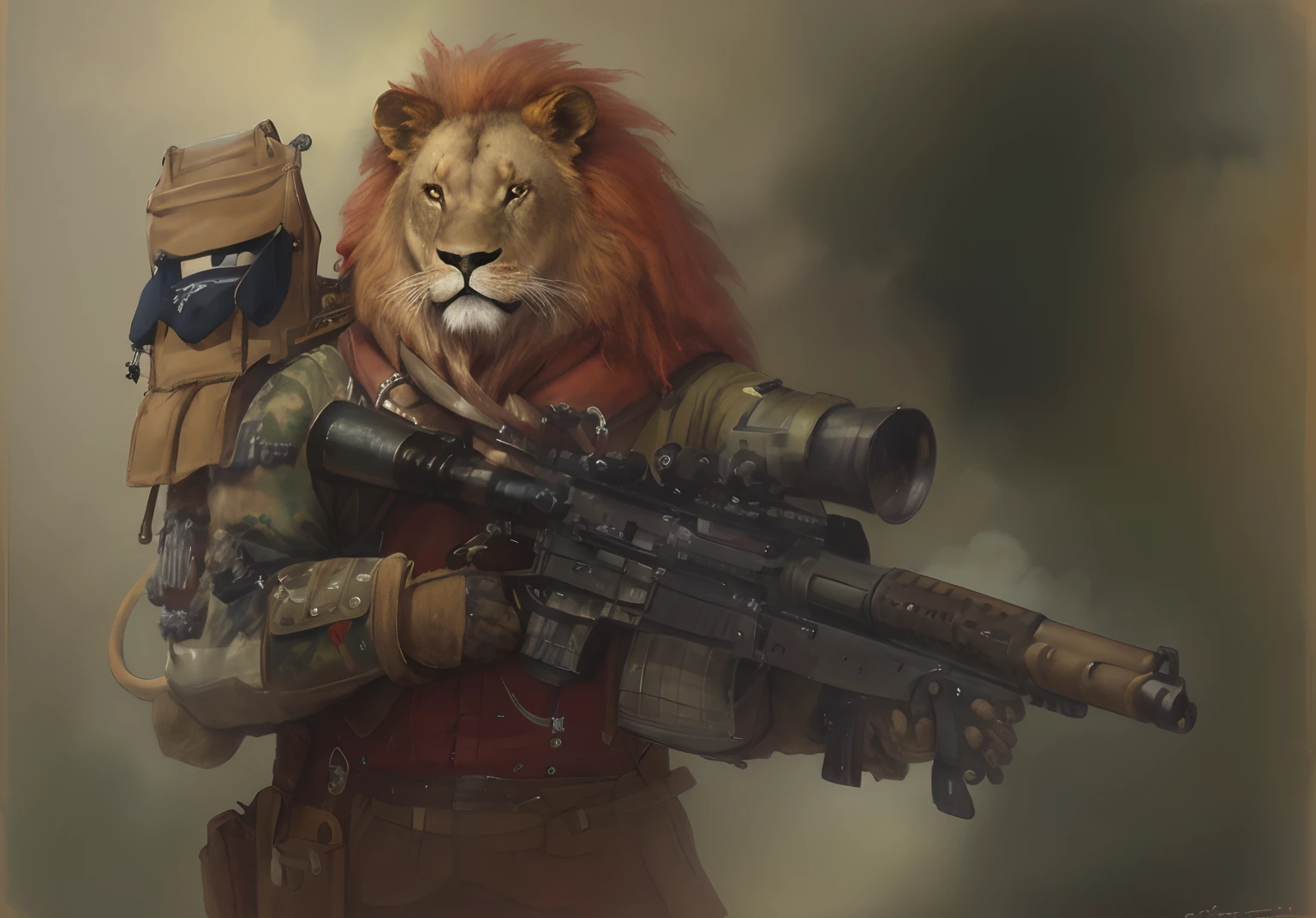 真实感, Realism, Clarity of the image of small details of the appearance, Painting by Jean-Baptiste Monge depicting a large adult lion, Bright red mane, Evil Look, dressed in military uniform, hat on his head, In the hands of a weapon, stands on a ledge, , jean - baptiste monge, anthropomorphic --ar 2:3 --testp -optimistic;