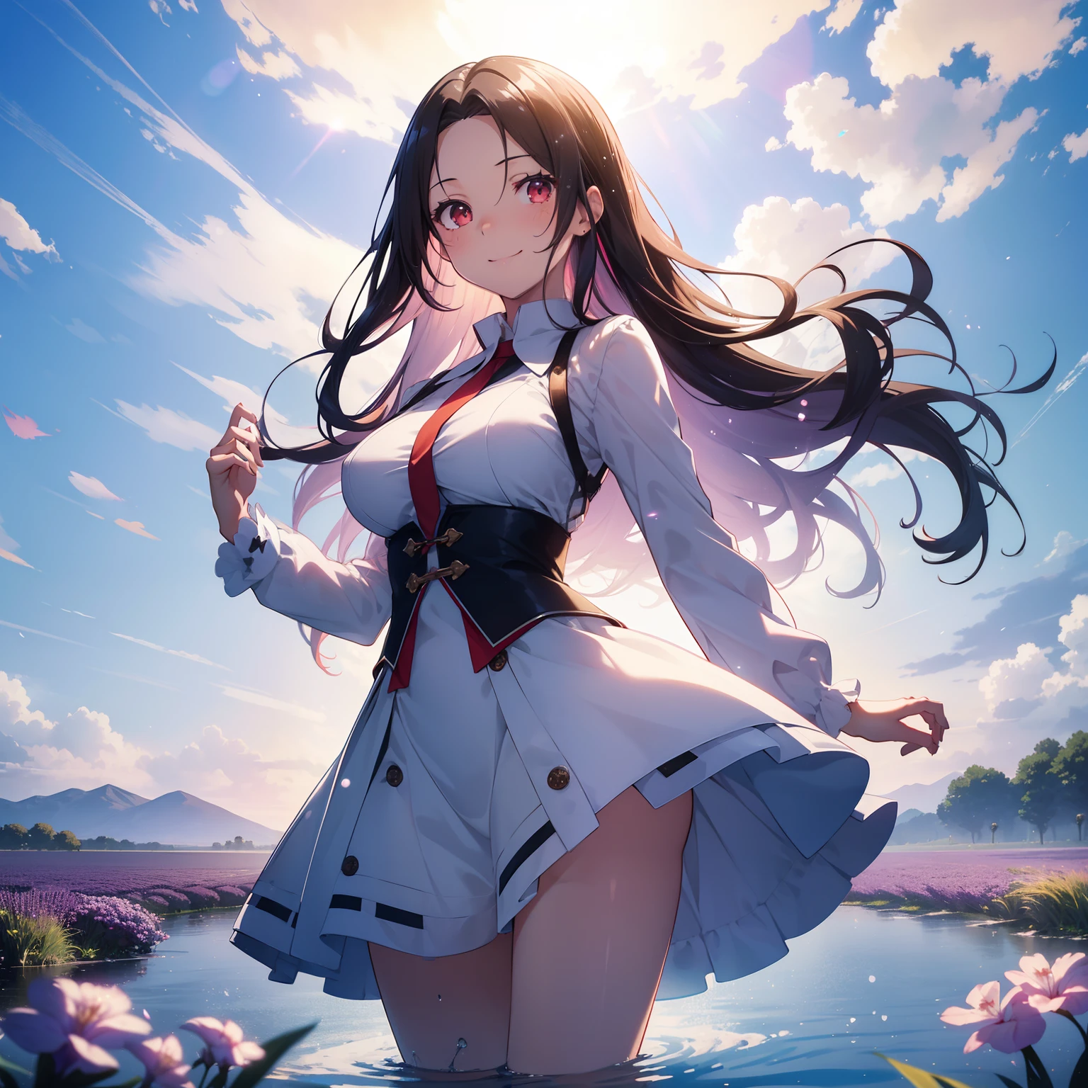 (masutepiece,Best Quality,8K),(extremely detailed CG1.1),Girl standing on the surface of the water emitting a beautiful light,Smile,large boob,(From below:1.2),Intricate details , Hyper realistic, Perfect Anatomy,A dark-haired,Red Eyes,(((Forehead))),Permed hair with wavy hair,(((length hair))),Hair over one eye,hair slicked back,(((Standing))),Full body,White Dress,blush,Happy smile,Calm lavender fields as far as the eye can see, Water droplets,Lens Flare,Wind,Magnificent view,(chromatic abberation:1.3),Dynamic Angle,bird flocks,Cowboy Shot,Looking at Viewer