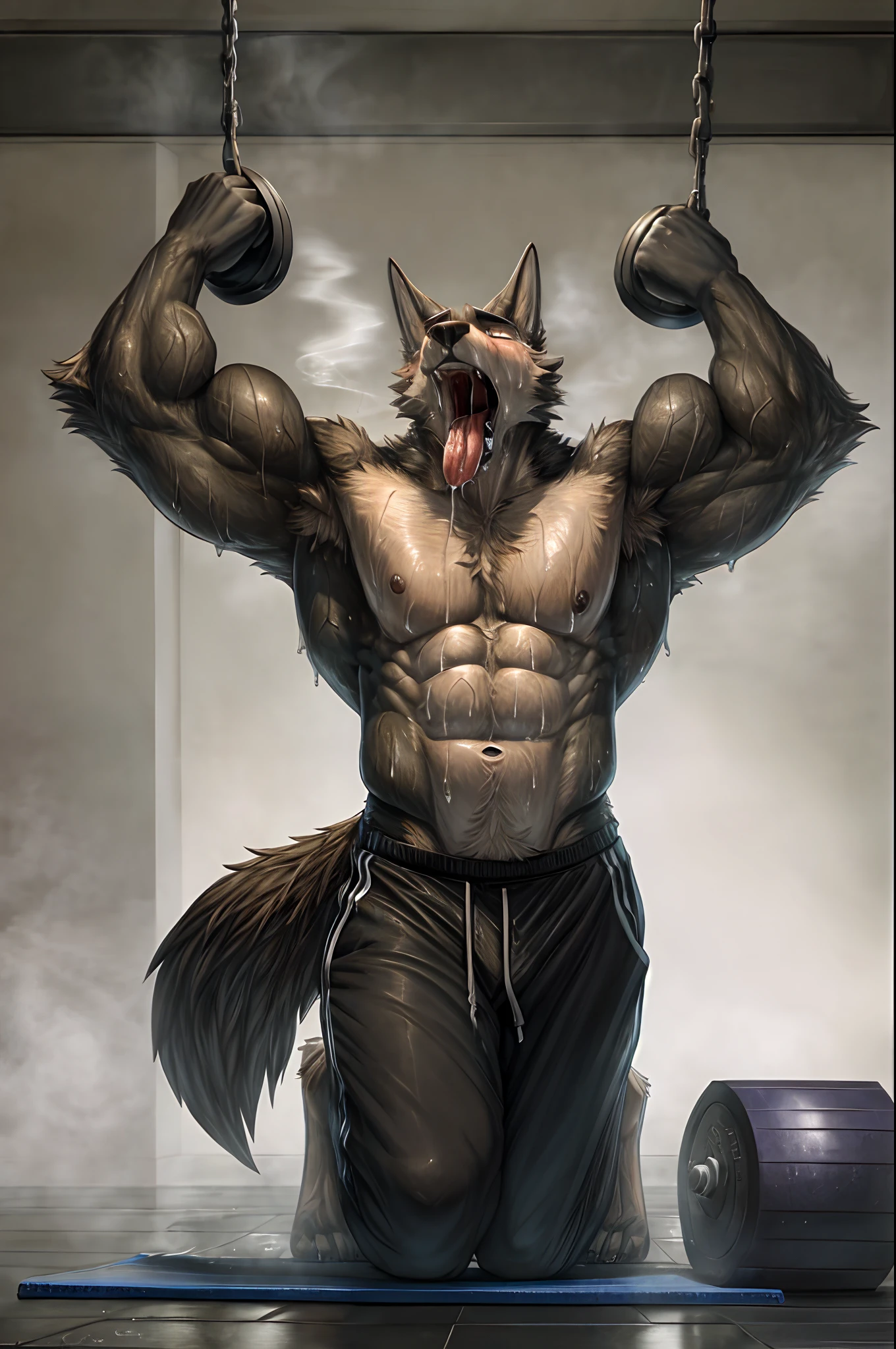 ((solo)), anthro wolf (lora; legoshi), adult, dense muscles, athletic (super strong:1.4), (correct anatomy:)1.2, (ripped body):1.0, (detailed fur texture:1.3), background (gym:1.3), (black sweatpants), (bare torso), bare feet, (detailed clothing), ultradetailed, by grimfaust, natural lighting, (sweat:1.2, wet:1.4, lots of sweat dripping down), vascular veins, exhausted, canine head (detailed eyes), (steaming breath:1.2, drooling, dripping saliva, thick drool) tongue sticking out), ((innocent:1.4) expression), in pain, fallen down, kneeling on one knee:1, one knee up, collapsed, arms down