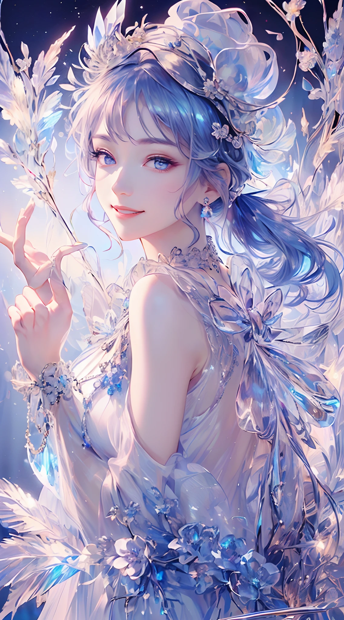 tmasterpiece,Highest high resolution,((((Bow your head and smile)))),Dynamic avatar of a beautiful aristocratic girl,Blue hair is gracefully curled,(((Wearing a crown of huge flowers、Bucket Hat,jewely,Diamond necklace))),Purple clear eyes,(((Hair is covered with beautiful and delicate floral craftsmanship, Crystal Jewelry Filigree))),Ultra-detailed details。