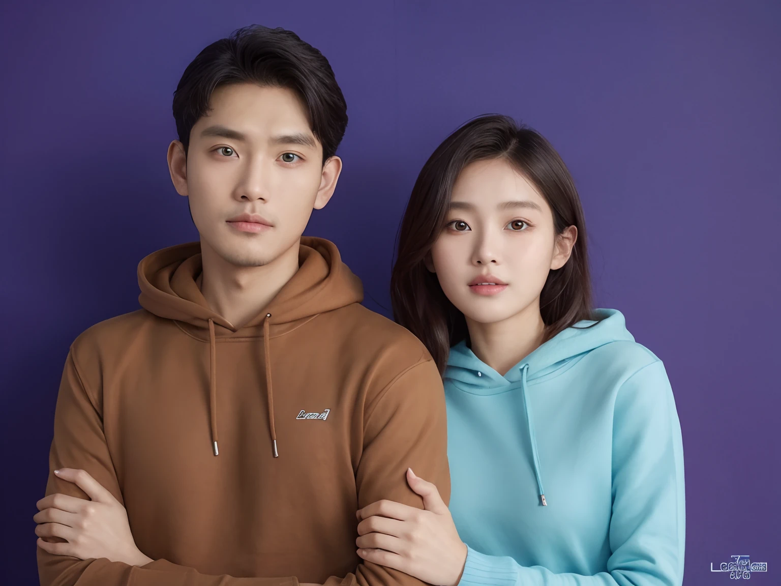 hd, 8k, masterpiece, photo, there is a man and a woman standing next to each other, two people, photography, couple pose, indonesian people, brown fabric hoodie, cyan wool sweater, sweet couple, photorealism, taken with canon EOS, young couple, lora:detail_slider_v4:3, lora:ReaLora:0.7