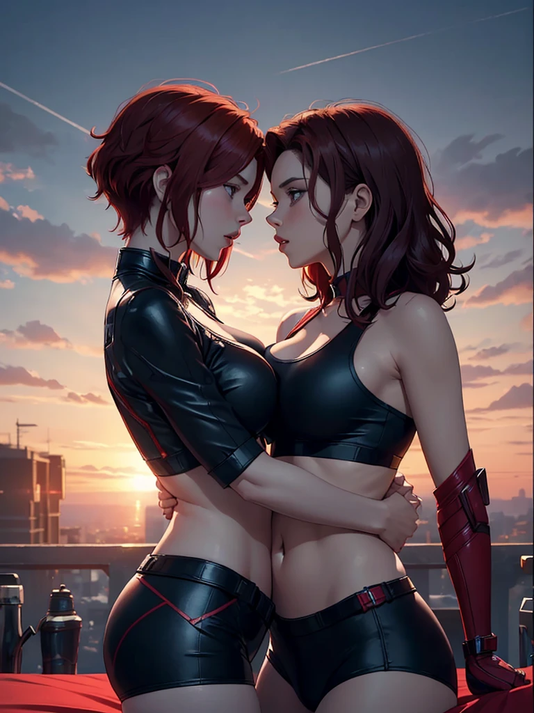 Create an evocative image of Scarlett Johansson as black widow ((short red hair, wearing black crop top)) and Elizabeth Olsen as scarlet witch ((long brown hair wearing red crop top)), side by side outside a spaceship, resting on a bed, gazing silently towards the horizon where the warm hues of a setting sun paint the sky in nostalgic colors. Cinematic lighting. Panty, ((crop top)). hug. kiss. passionate gentle kiss on the lips. kissing. looking at each other. grabbing buttocks. Breasts pressed, breast grab, (( grab)), consensual. Bliss. ((NSFW))