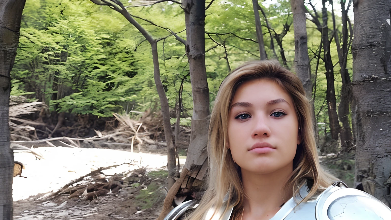 Big blonde hair, round brown eyes, warrior armor