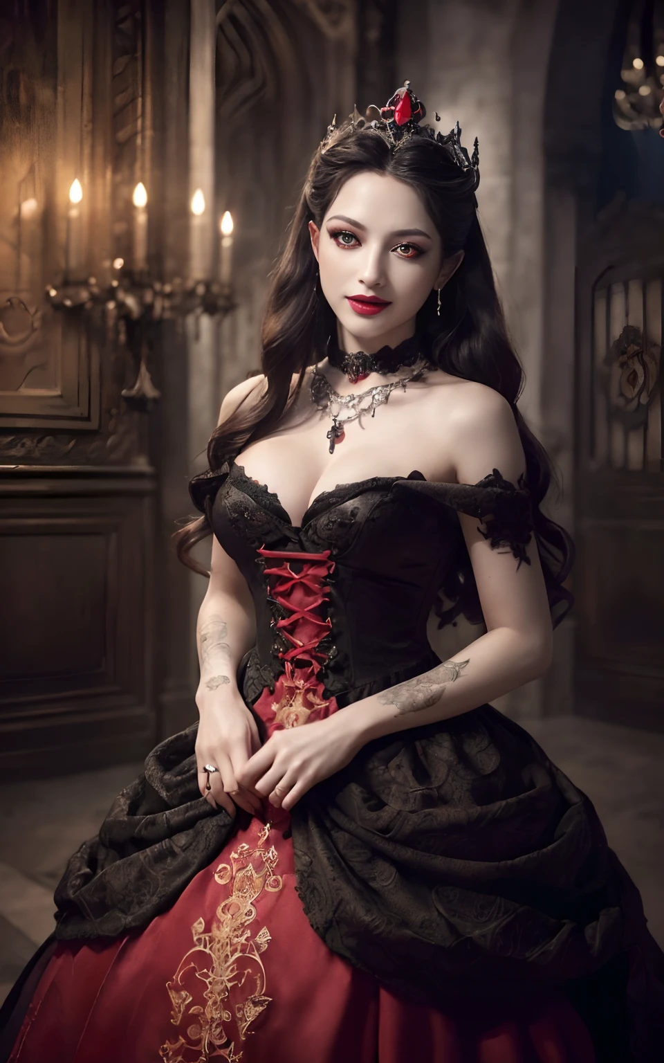 (Evil Queen, Medieval dresses,Princess of the Japan),((((Glowing red eyes,Red glowing eyes,red eyes,Red eyes,red contact lenses,Red glowing eyes)))),((facing front,Facing this way,His mouth was covered in blood,Dark hair, Glowing red eyes,Long,Photo from the waist up)), ((Huge and creepy European castle, Castles in medieval Europe,Magical atmosphere,Walk through the white courtyard,Detailed backgrounds,Detailed castle exterior,Spooky castle exterior,bewitching, Spooky and beautiful demons, Sexy Devil Princess, ssmile,Perfect camera gaze,Bewitching smile,smil,Sexy smile,castle at night,Spooky Night Castle,Spooky makeup,Dresses with intricate decorations, Intricate tiara,Jet black dress, Dresses in black tones, Dresses with intricate decorations,large full breasts,Tattoo with an evil pattern, Evil decoration, Artistic and eerie patterns, ruby decoration, Evil and beautiful makeup, Artistic Design Choker, Evil pattern decoration, Shining crown, Finest necklaces, artistic décor, Princess Dresses, Dresses with lots of jewelry, Chest that seems to burst,Dresses with a narrow waist,Dresses that tighten the waist,Luxury beyond imagination)), The most realistic, the complex background, Highly detailed and realistic backgrounds, Great for looking at the camera, White teeth, perfect teeth, A detailed face, Quality and beautiful face, Clear and beautiful face, Highest Quality, 8K, SLR Camera Photography