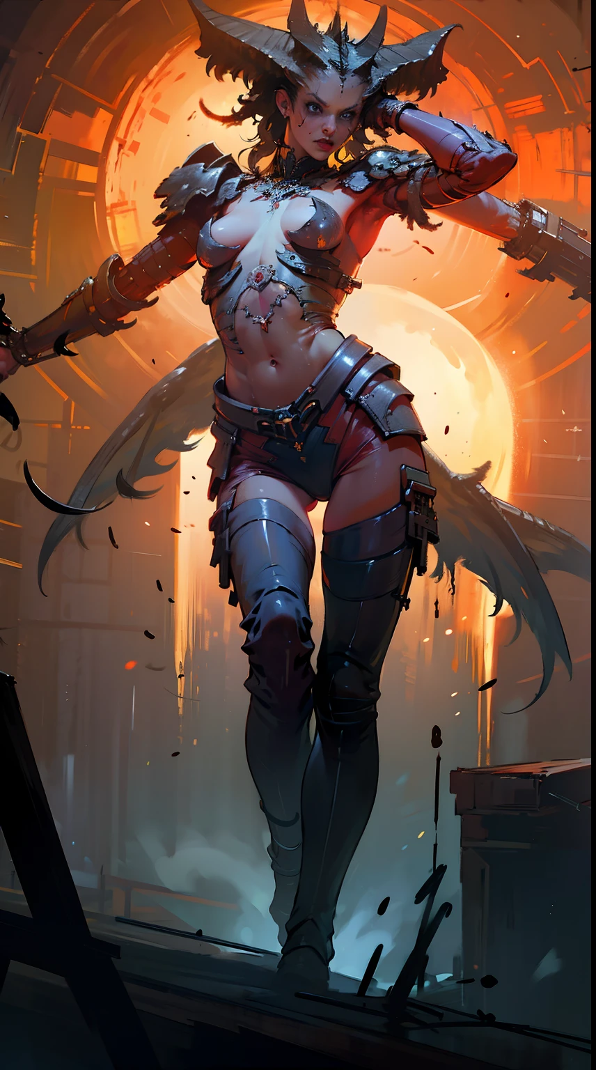 Lilith inside a church, fire, lightning, blood, full body, in the style of D14bl0, (best quality, 4k, 8k, highres, masterpiece:1.2), ultra-detailed, (realistic, photorealistic, photo-realistic:1.37), HDR, UHD, studio lighting, ultra-fine painting, sharp focus, physically-based rendering, extreme detail description, professional, vivid colors, bokeh, portraits, landscape, horror, anime, sci-fi, photography, concept artists, vibrant colors, warm color tone, dramatic lighting.