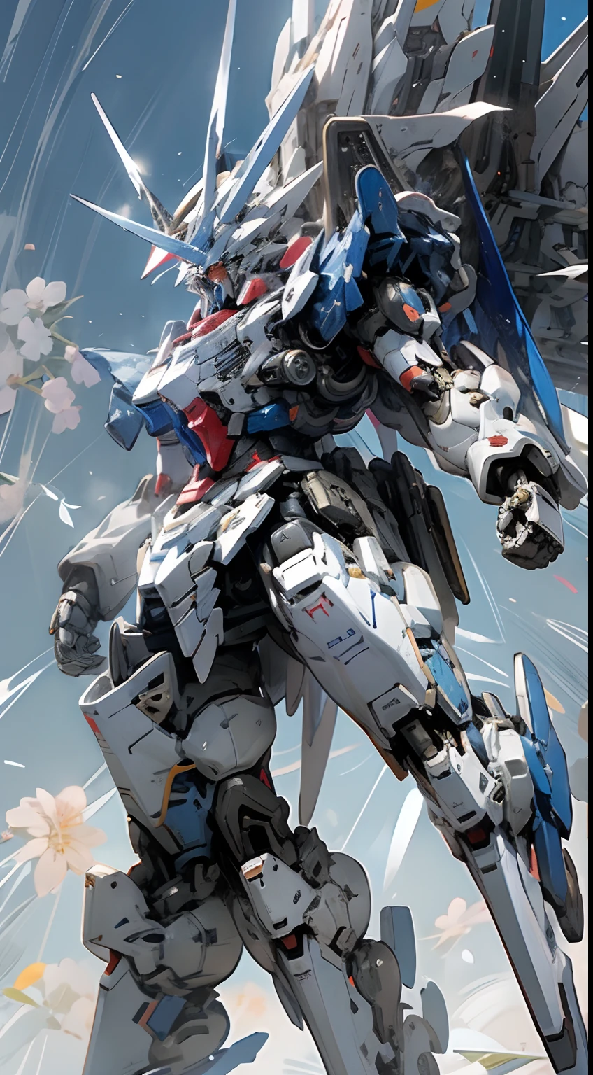 Gundam、Full body like、White and blue body、Floral pattern、Blue Sky Background