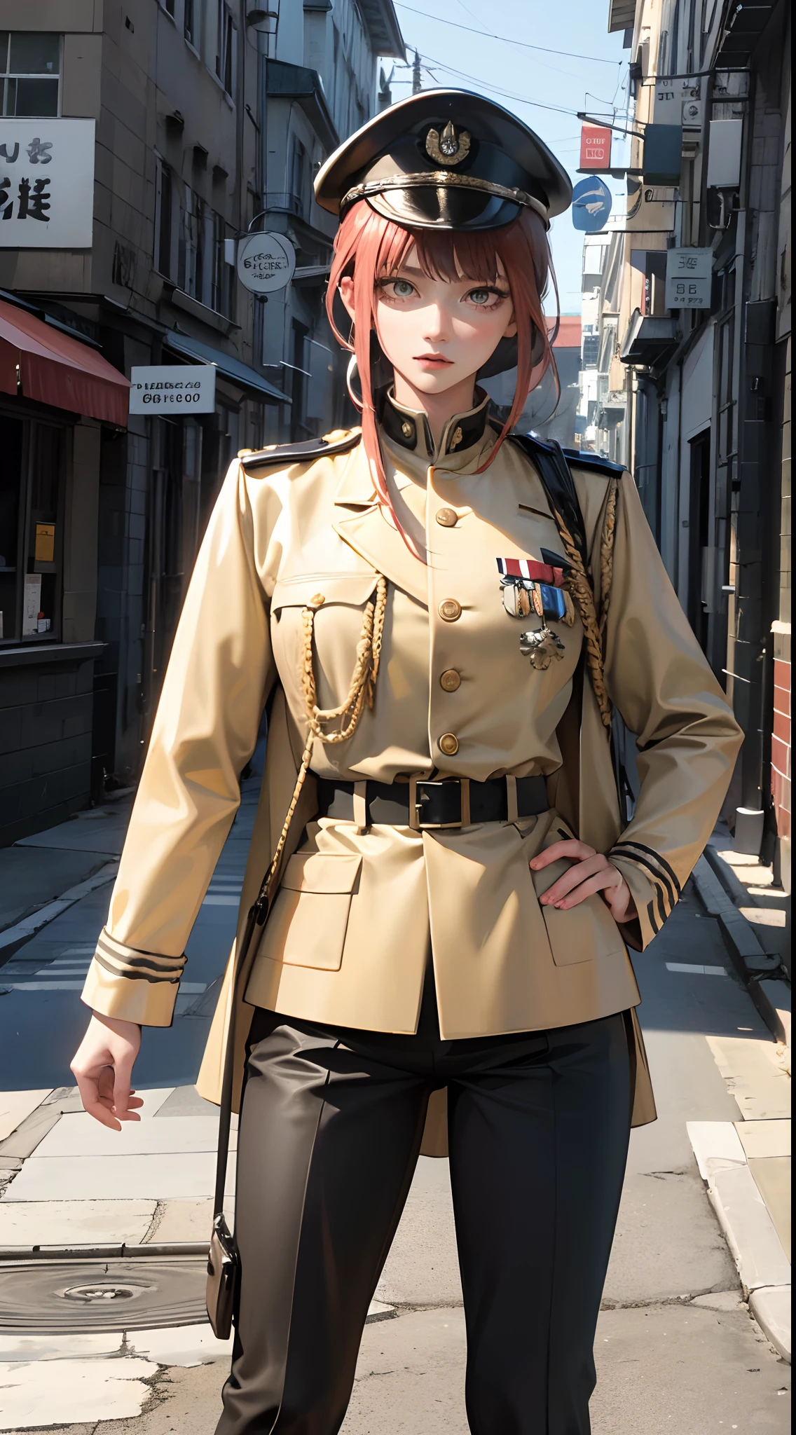 (The highest resolution, distinct_Photograph) Excellent, 巨作, highly detail, semi realistic, Shame 2, Very beautiful woman, 独奏, Normal handsome position, short red hair, golden eyes, Indifferent expression, 18 years old, young, Tall and strong , White and red military uniforms, trousers, Military pants, Military Boots, military uniform, Military School, confident, serious, Very cold and proud, Stand on a slope, Overlooking