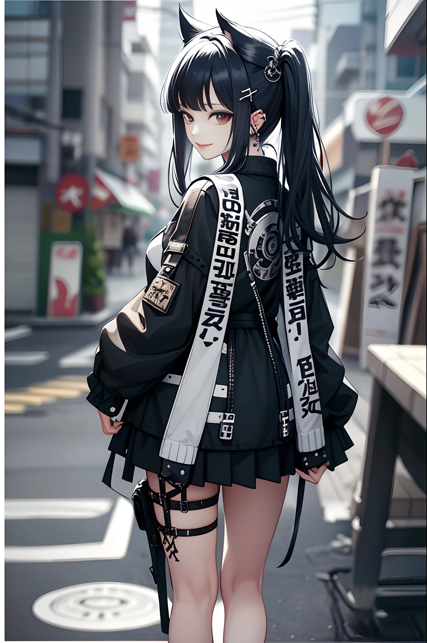Best Quality, masutepiece, photo of an actress, Beautiful, Model, 40 years old、turned around、Watching the viewer、Background white、from behind、Turn around、From above、Nike、Piercing Woman、piercings、A smile、colourful hair,Black shorts、Blunt bangs、(a black skirt)、1girl in,Solo,Flashy hair、Photorealsitic, hight resolution, 1 rapariga, A dark-haired、Akame, Korea person, Cowboy Shot、Gothic